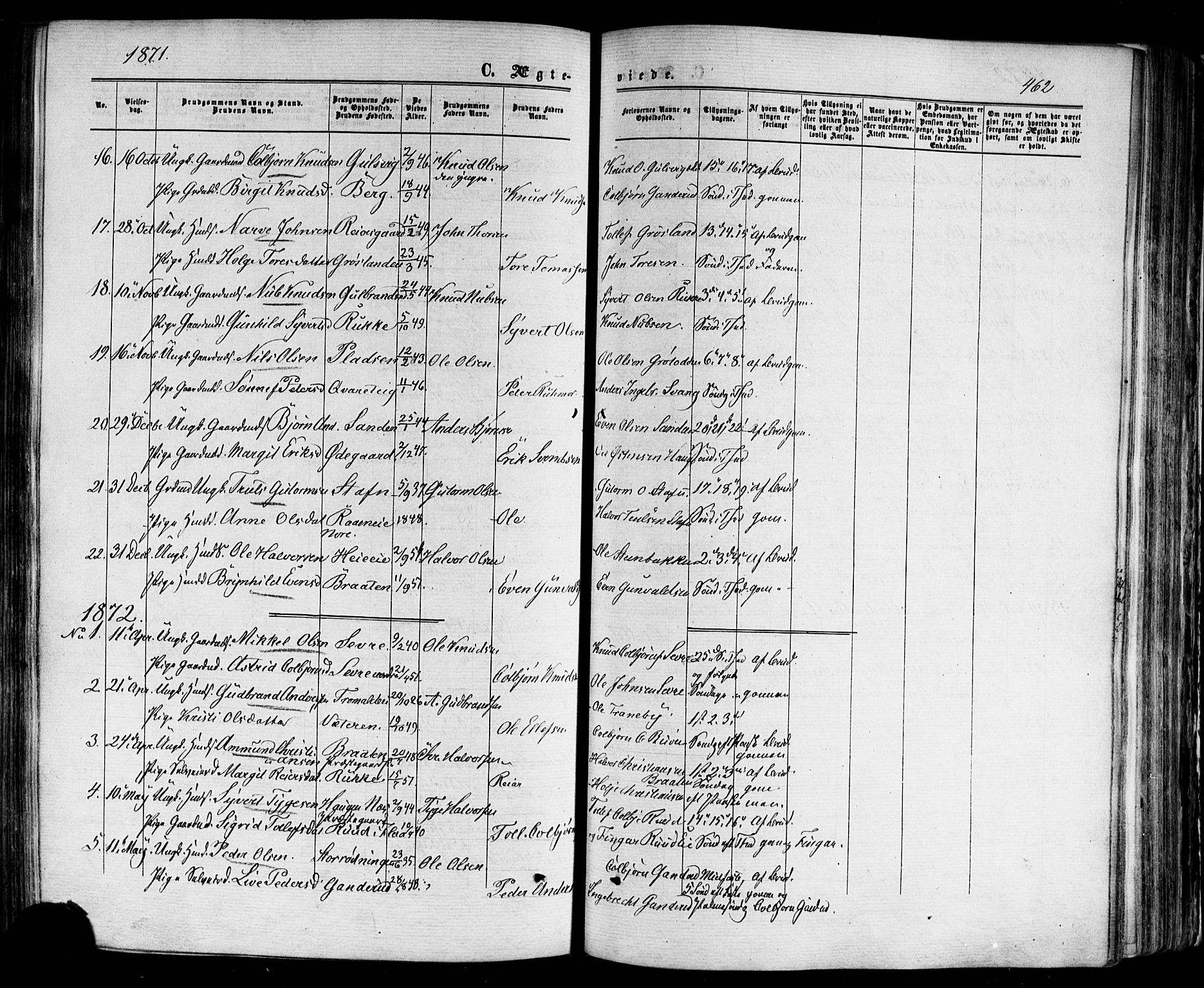 Nes kirkebøker, SAKO/A-236/F/Fa/L0010: Parish register (official) no. 10, 1864-1880, p. 462