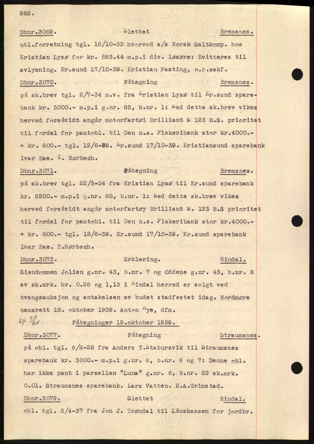 Nordmøre sorenskriveri, AV/SAT-A-4132/1/2/2Ca: Mortgage book no. C80, 1936-1939, Diary no: : 3069/1939