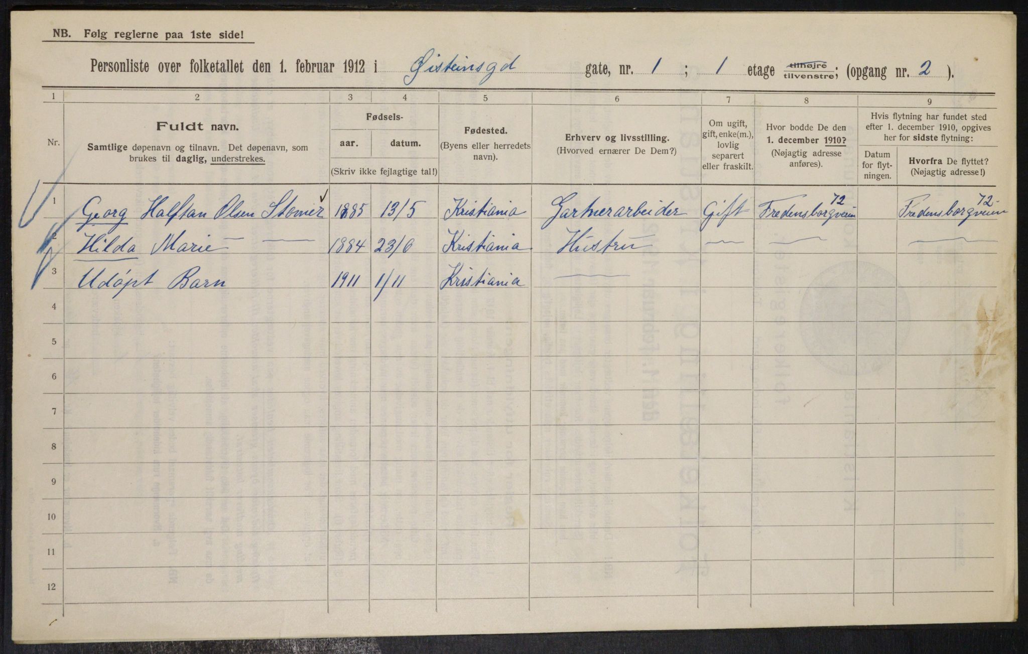 OBA, Municipal Census 1912 for Kristiania, 1912, p. 130307