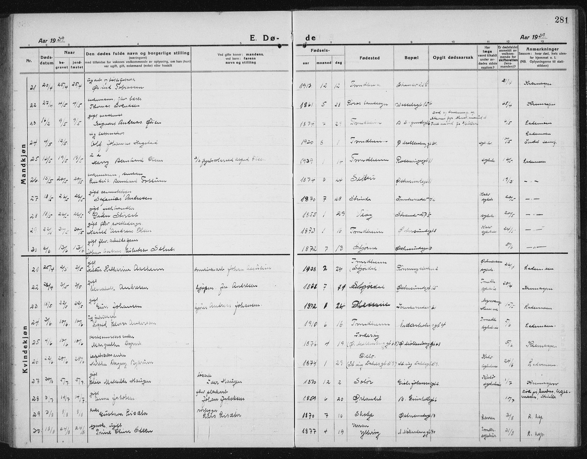 Ministerialprotokoller, klokkerbøker og fødselsregistre - Sør-Trøndelag, AV/SAT-A-1456/605/L0260: Parish register (copy) no. 605C07, 1922-1942, p. 281