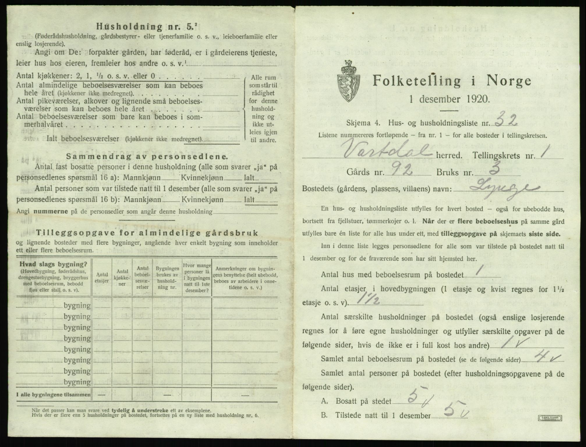 SAT, 1920 census for Vartdal, 1920, p. 87