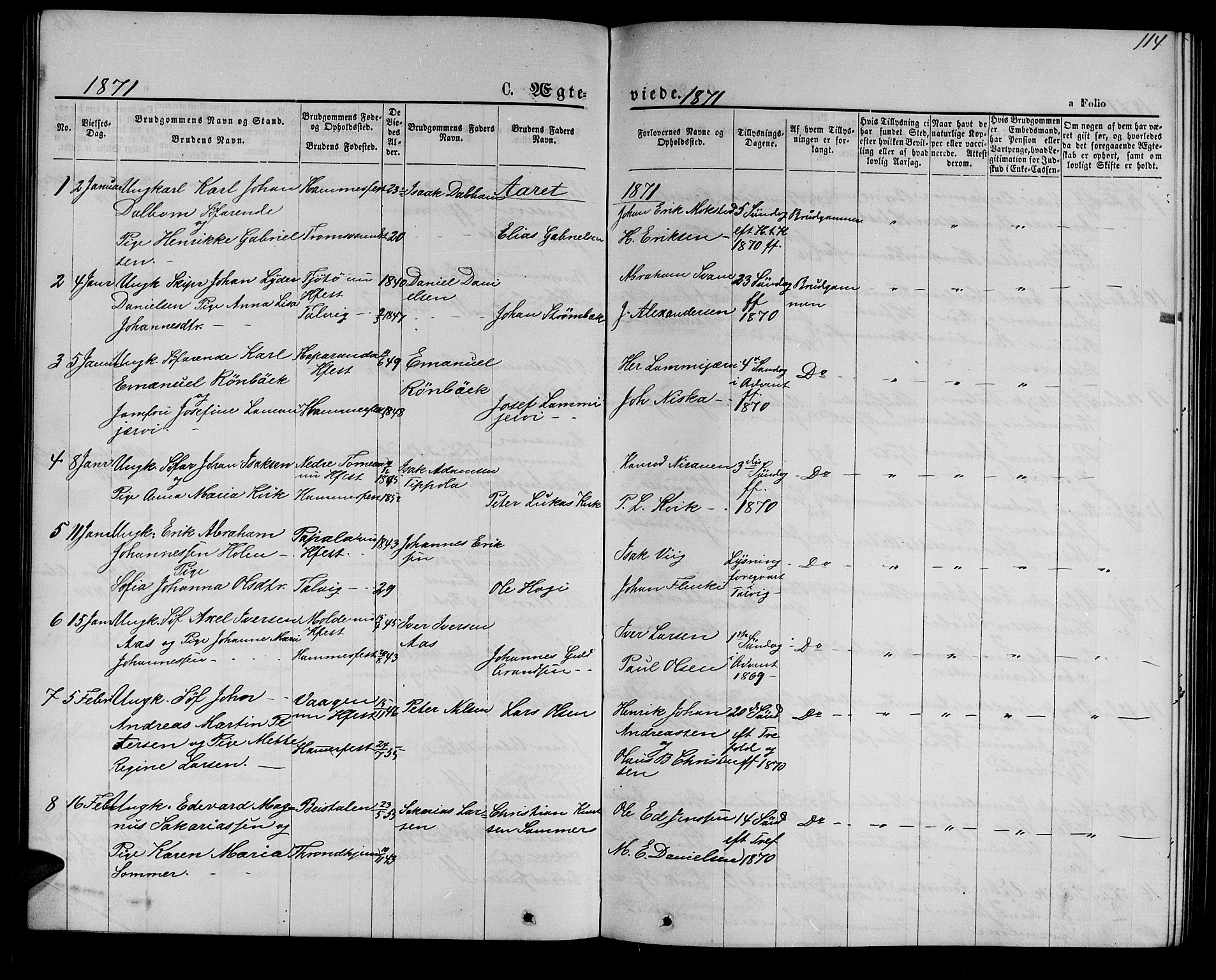 Hammerfest sokneprestkontor, SATØ/S-1347/H/Hb/L0004.klokk: Parish register (copy) no. 4, 1869-1877, p. 114