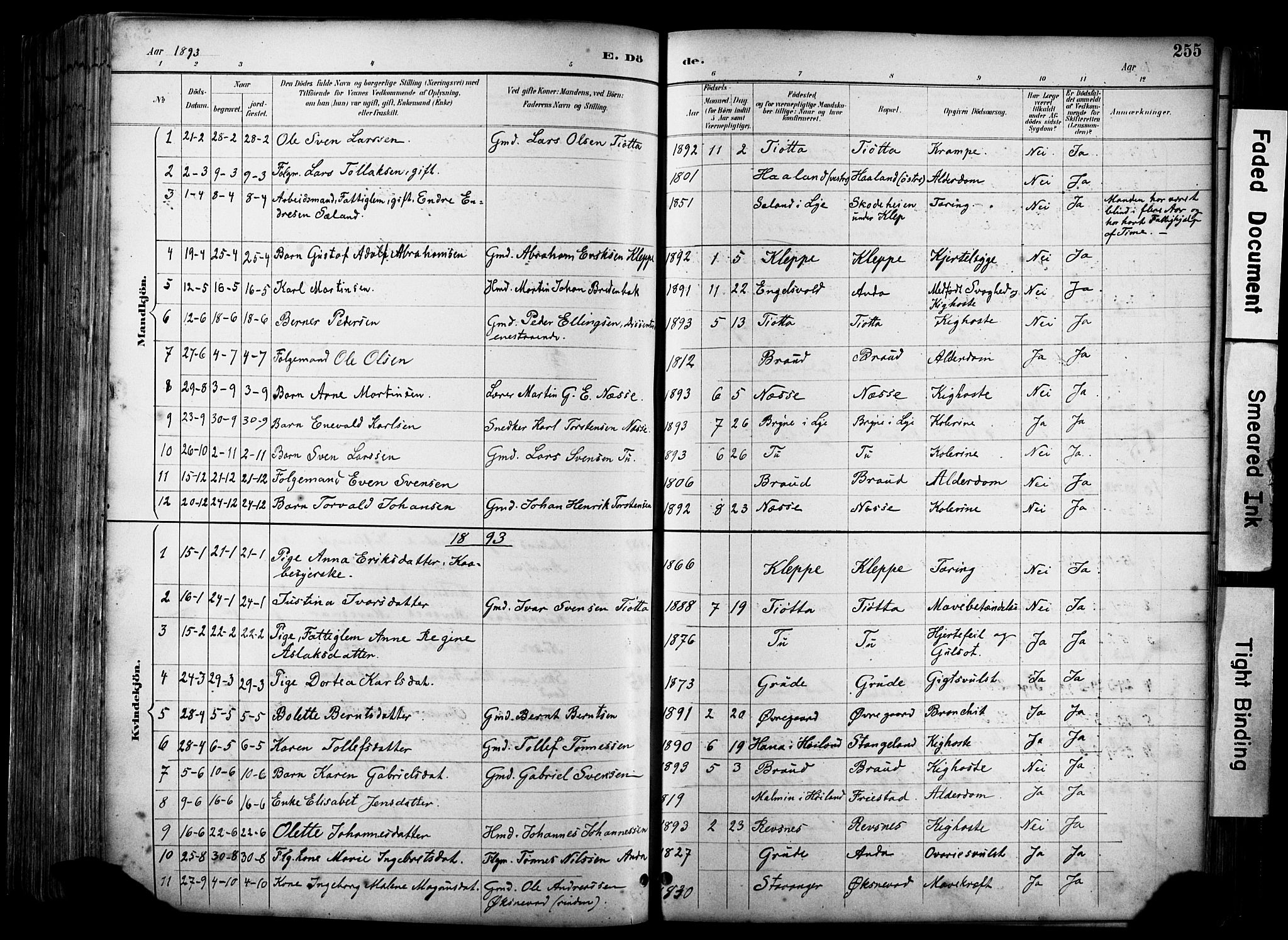 Klepp sokneprestkontor, SAST/A-101803/001/3/30BA/L0009: Parish register (official) no. A 7, 1886-1915, p. 255