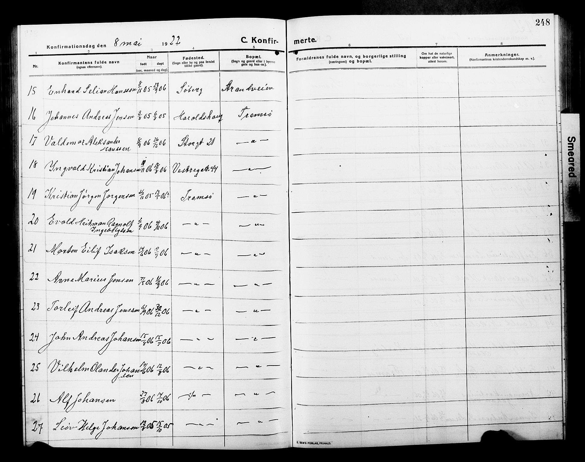 Tromsø sokneprestkontor/stiftsprosti/domprosti, SATØ/S-1343/G/Gb/L0009klokker: Parish register (copy) no. 9, 1915-1925, p. 248