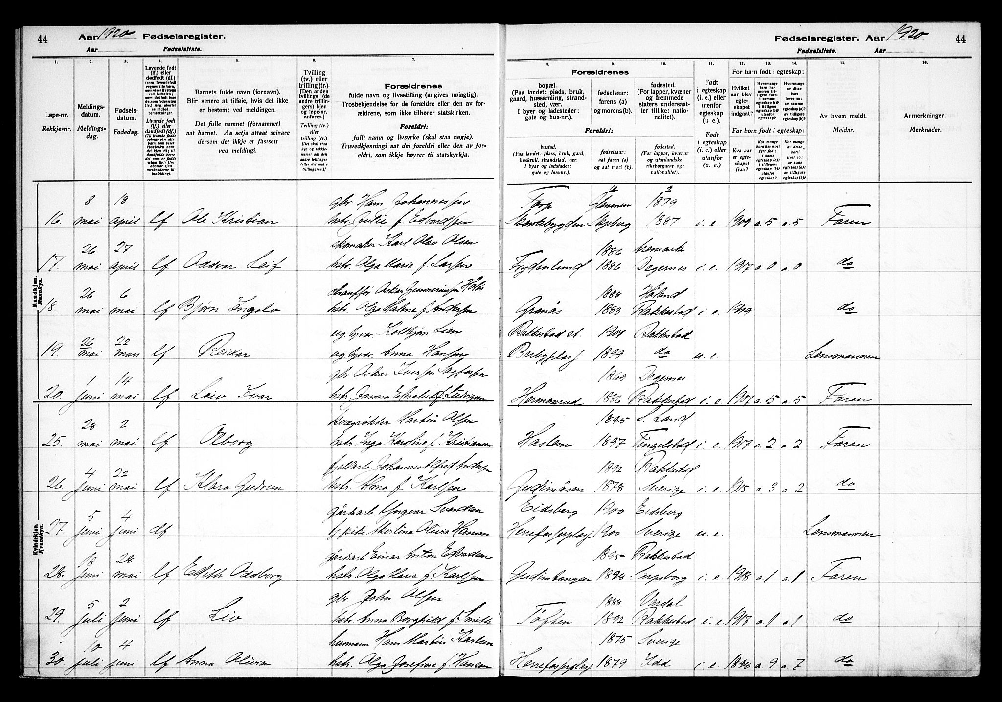 Rakkestad prestekontor Kirkebøker, AV/SAO-A-2008/J/Ja/L0001: Birth register no. I 1, 1916-1936, p. 44