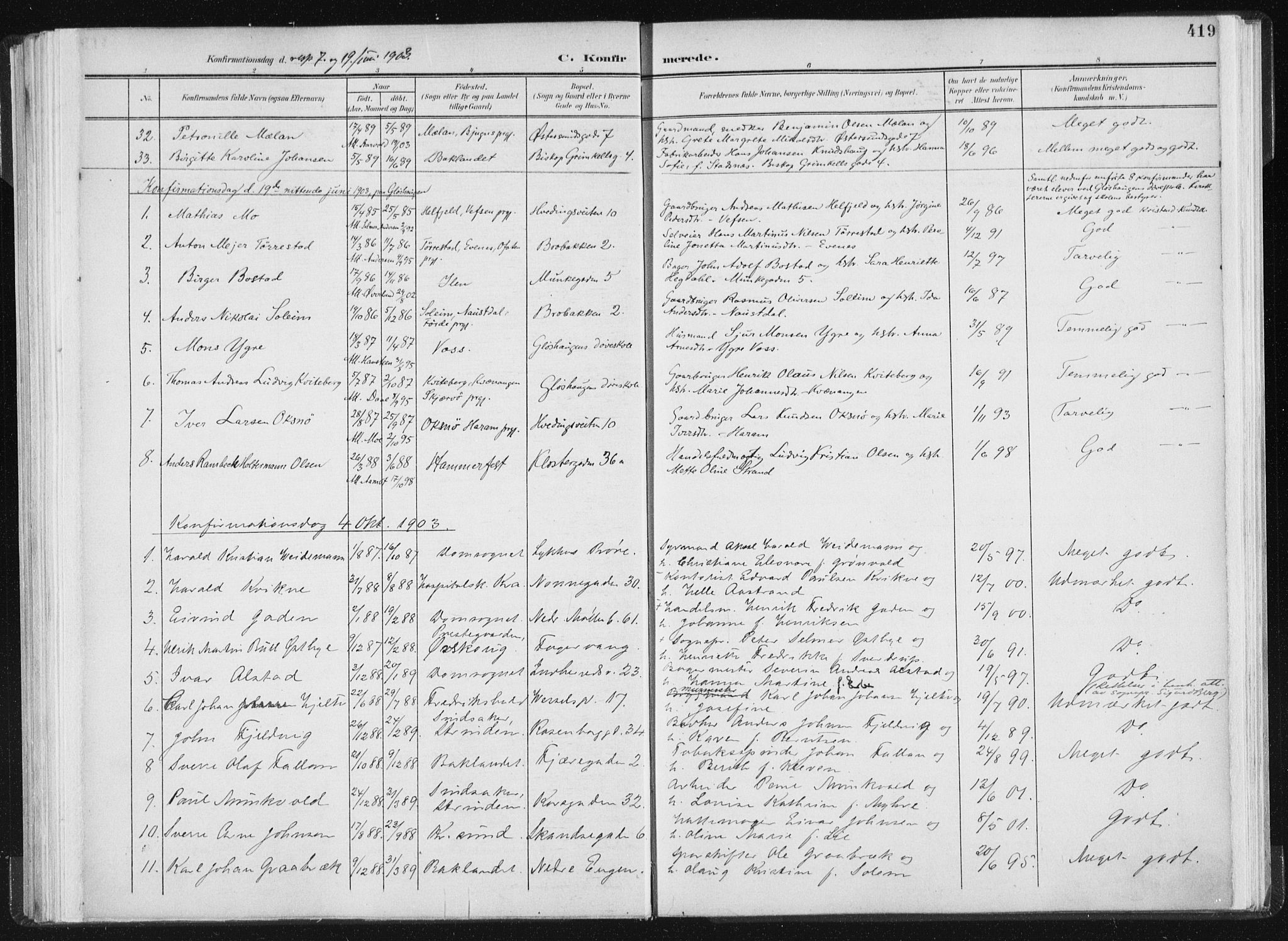 Ministerialprotokoller, klokkerbøker og fødselsregistre - Sør-Trøndelag, AV/SAT-A-1456/604/L0200: Parish register (official) no. 604A20II, 1901-1908, p. 419