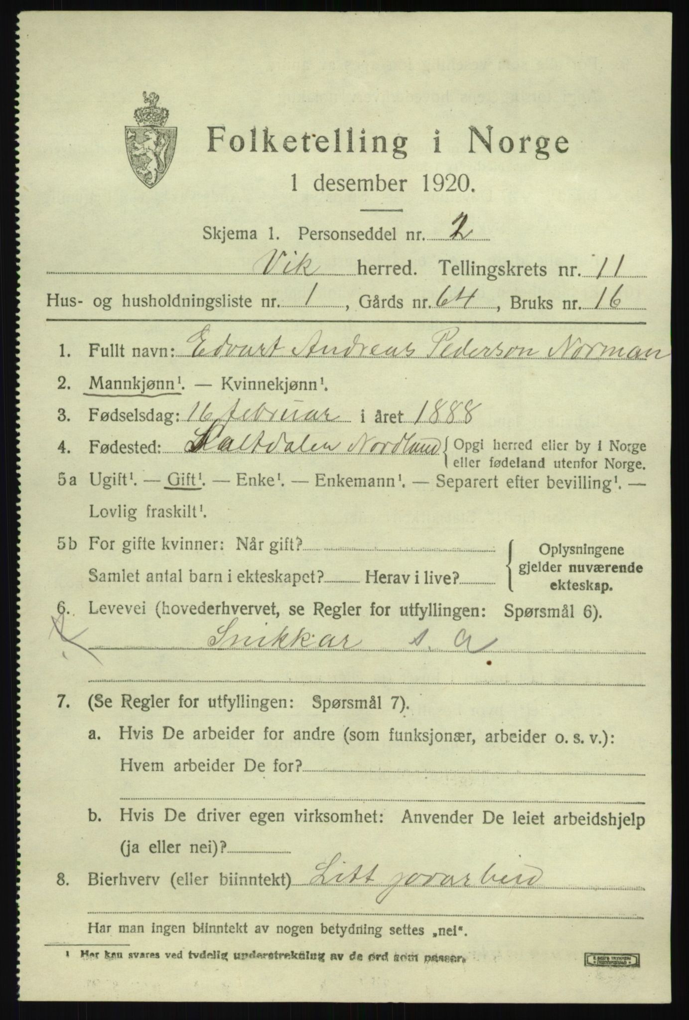 SAB, 1920 census for Vik, 1920, p. 6321