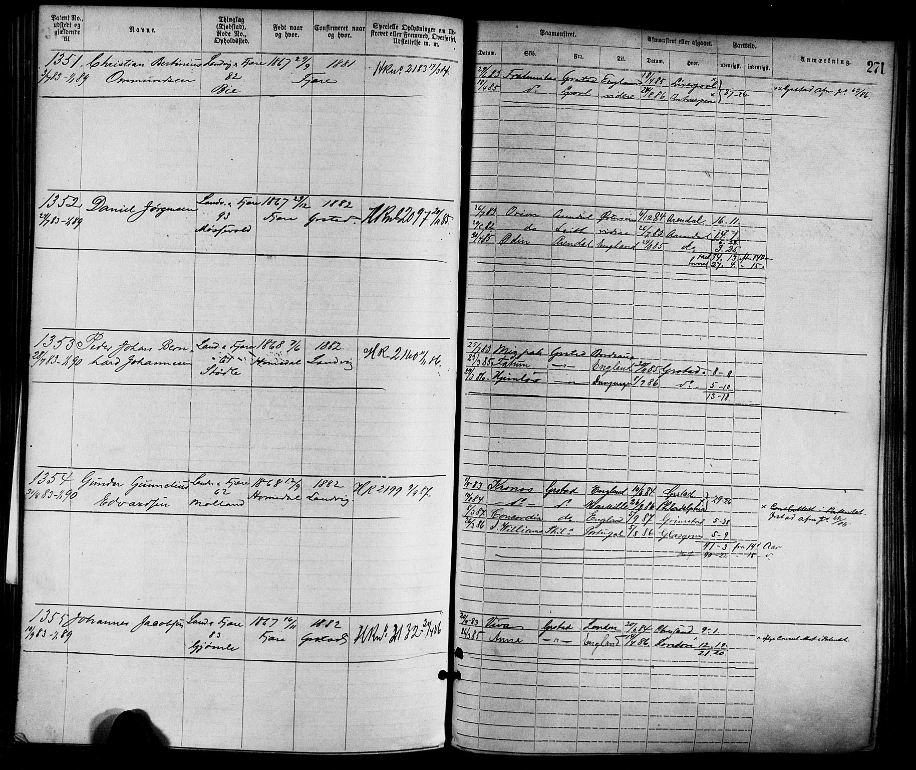 Grimstad mønstringskrets, SAK/2031-0013/F/Fa/L0001: Annotasjonsrulle nr 1-1920 med register, F-1, 1870-1892, p. 303