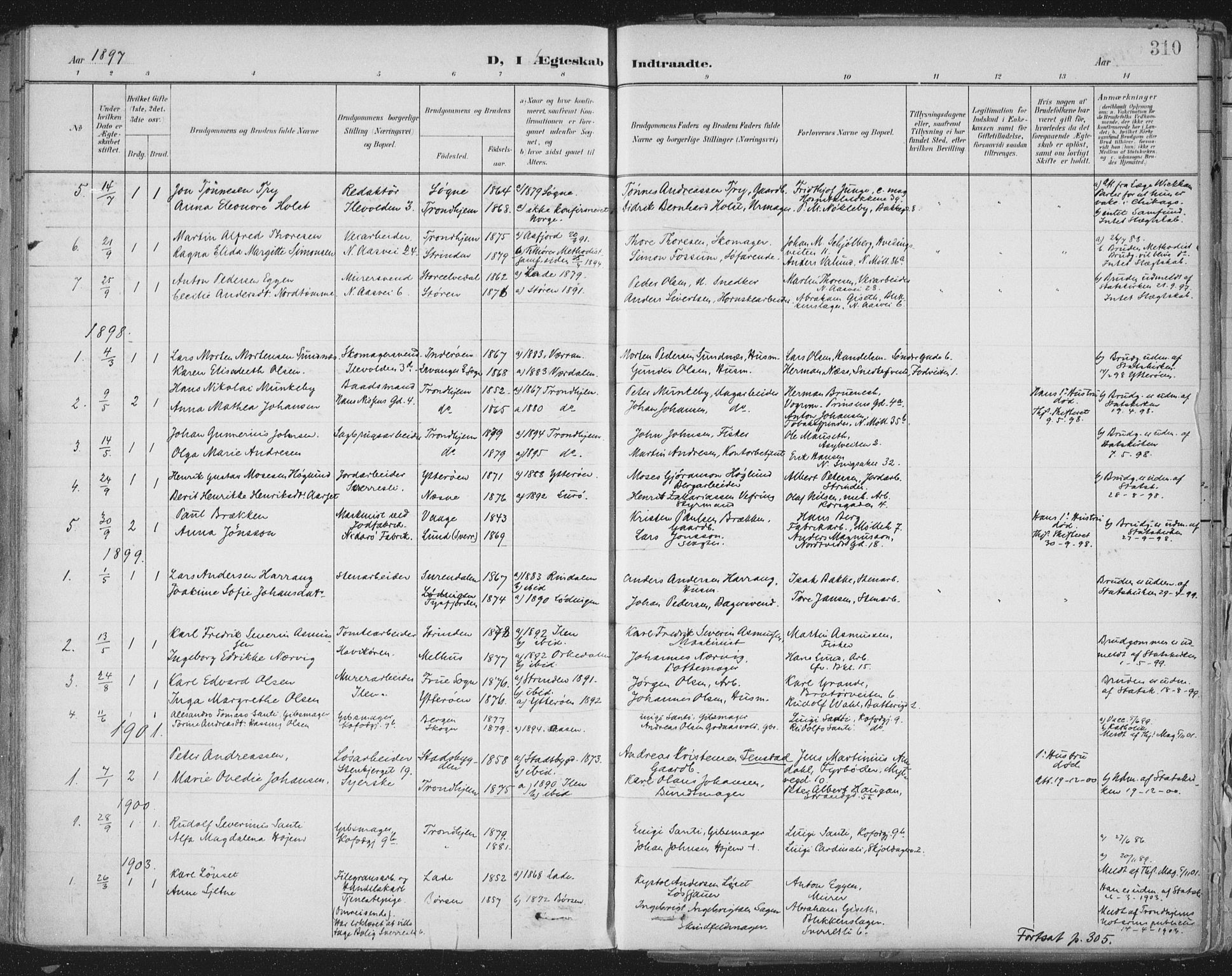 Ministerialprotokoller, klokkerbøker og fødselsregistre - Sør-Trøndelag, SAT/A-1456/603/L0167: Parish register (official) no. 603A06, 1896-1932, p. 310