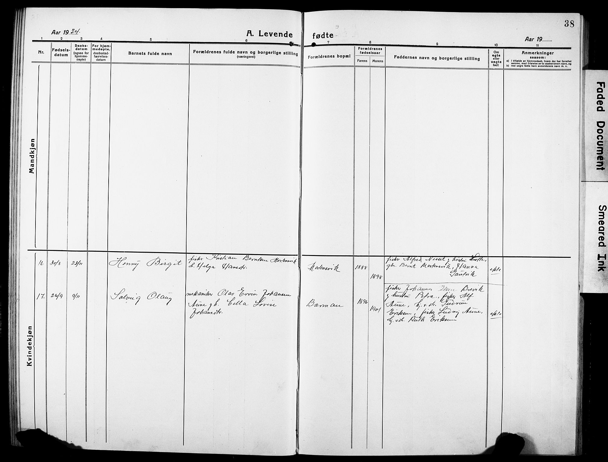 Ministerialprotokoller, klokkerbøker og fødselsregistre - Sør-Trøndelag, AV/SAT-A-1456/634/L0543: Parish register (copy) no. 634C05, 1917-1928, p. 38