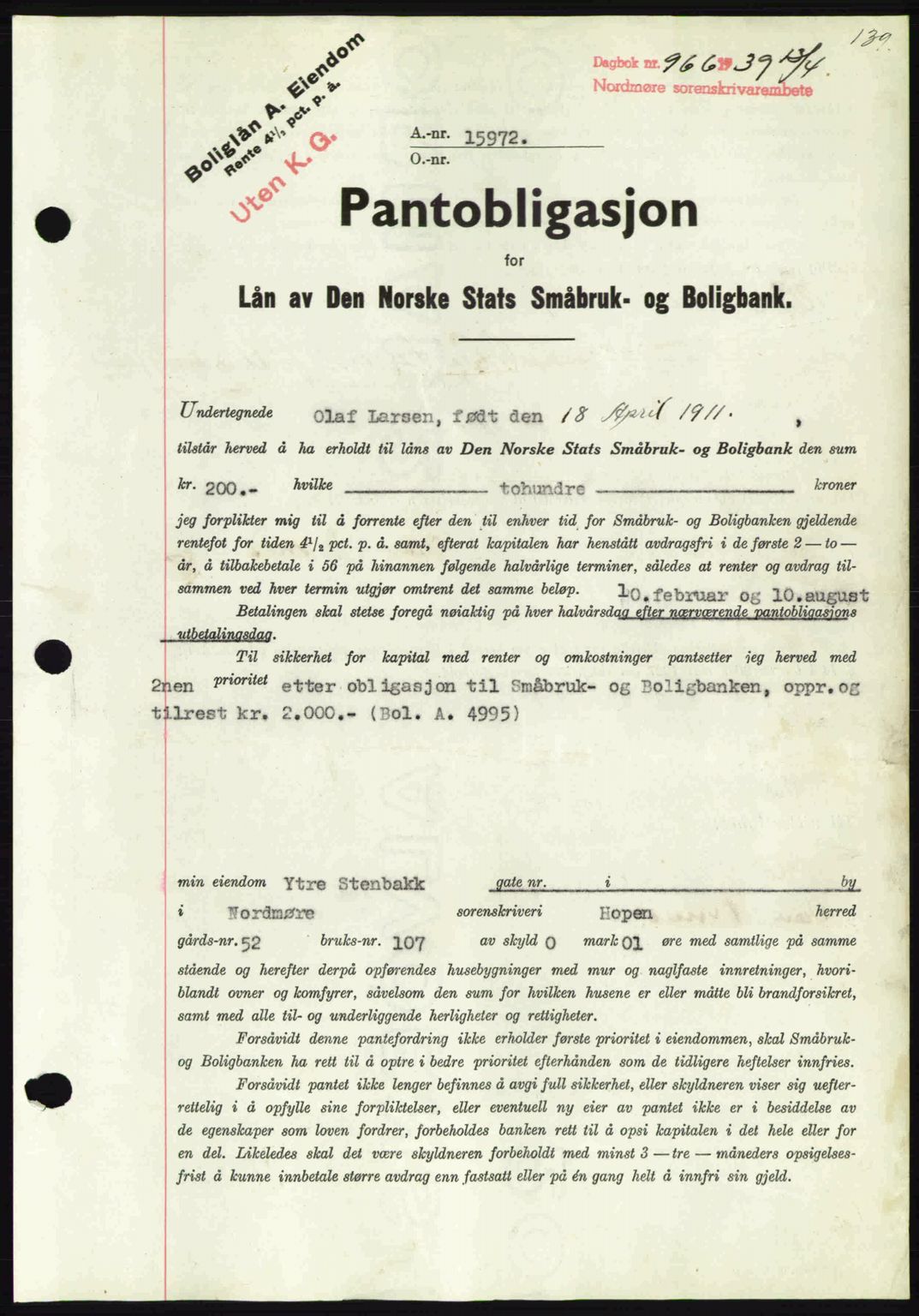 Nordmøre sorenskriveri, AV/SAT-A-4132/1/2/2Ca: Mortgage book no. B85, 1939-1939, Diary no: : 966/1939