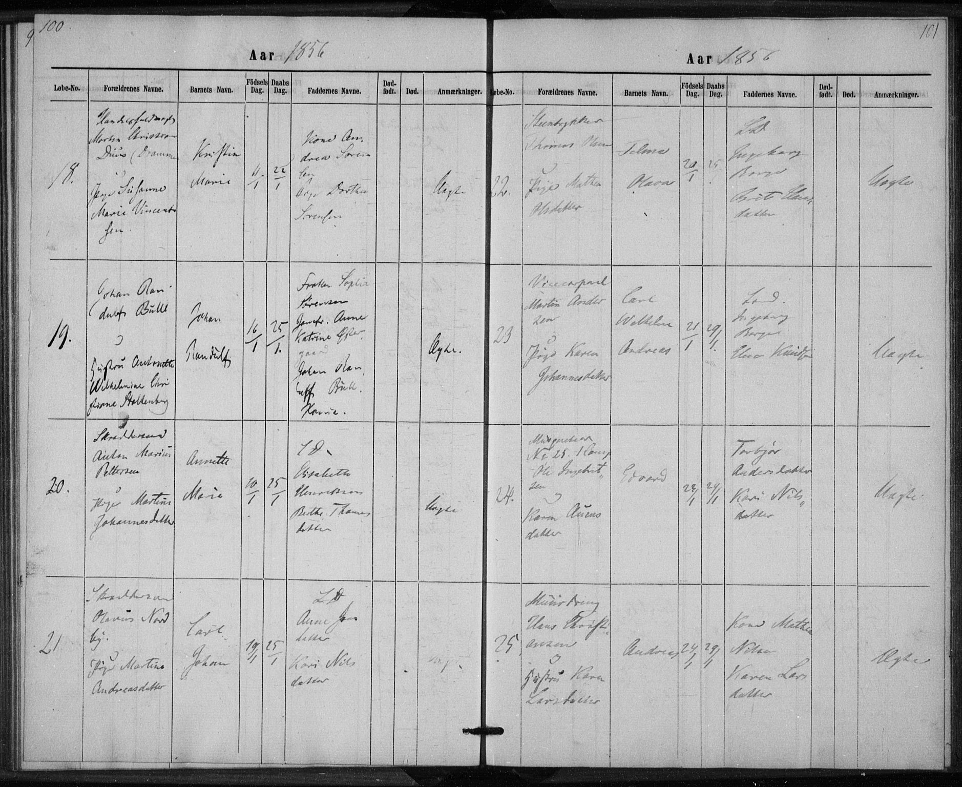 Rikshospitalet prestekontor Kirkebøker, AV/SAO-A-10309b/K/L0002/0001: Baptism register no. 2.1, 1854-1860, p. 100-101