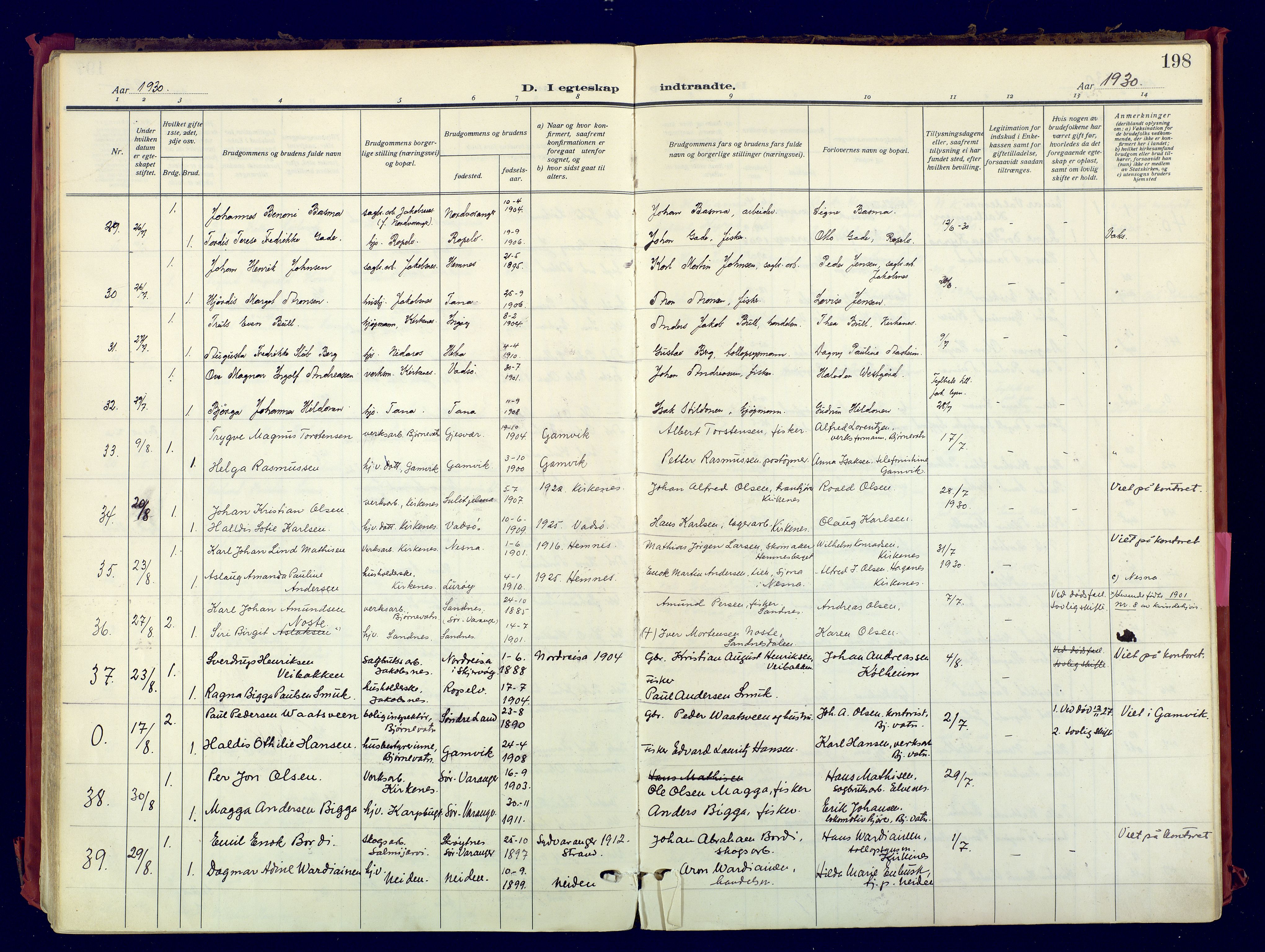 Sør-Varanger sokneprestkontor, AV/SATØ-S-1331/H/Ha/L0007kirke: Parish register (official) no. 7, 1927-1937, p. 198