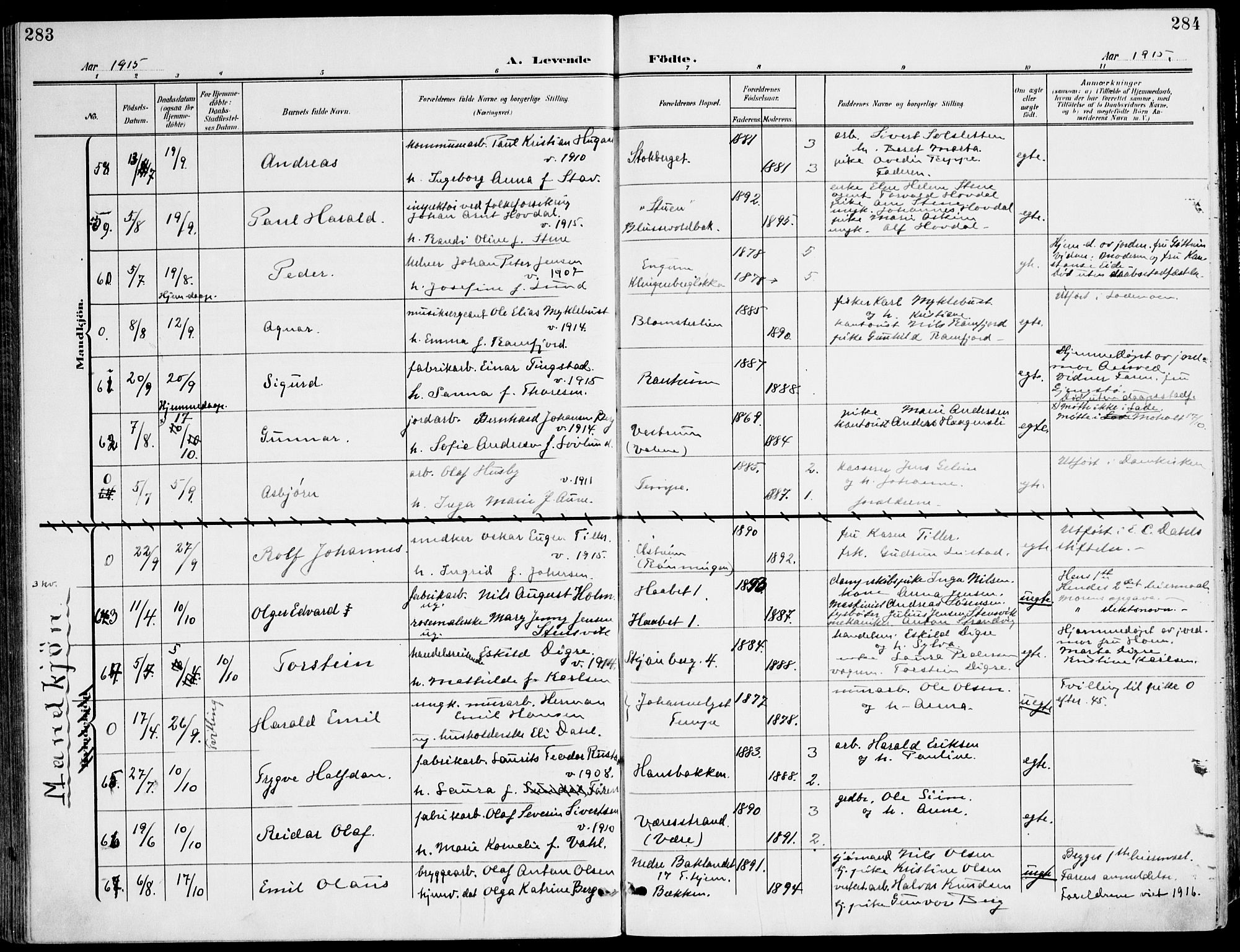 Ministerialprotokoller, klokkerbøker og fødselsregistre - Sør-Trøndelag, AV/SAT-A-1456/607/L0320: Parish register (official) no. 607A04, 1907-1915, p. 283-284