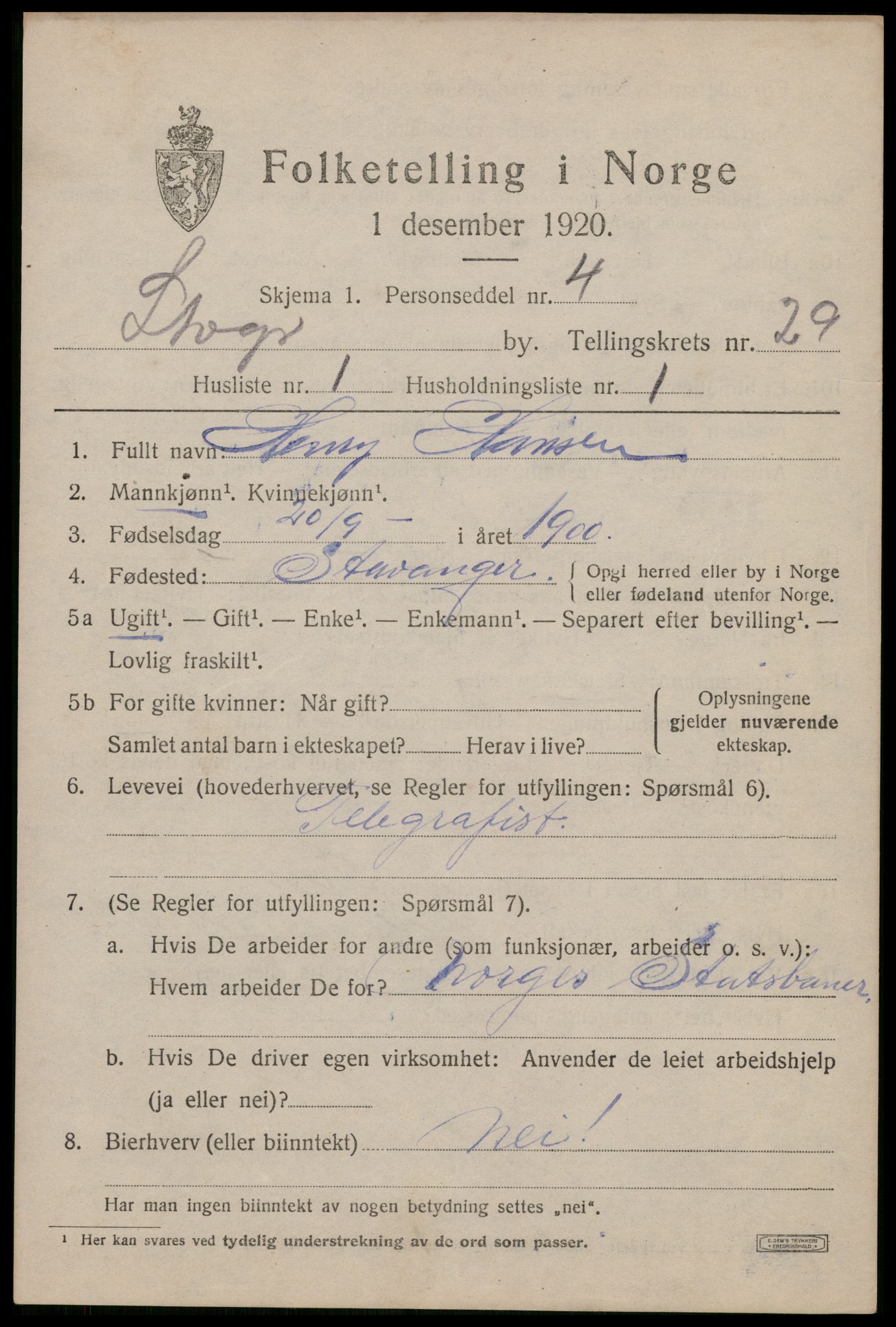 SAST, 1920 census for Stavanger, 1920, p. 82912