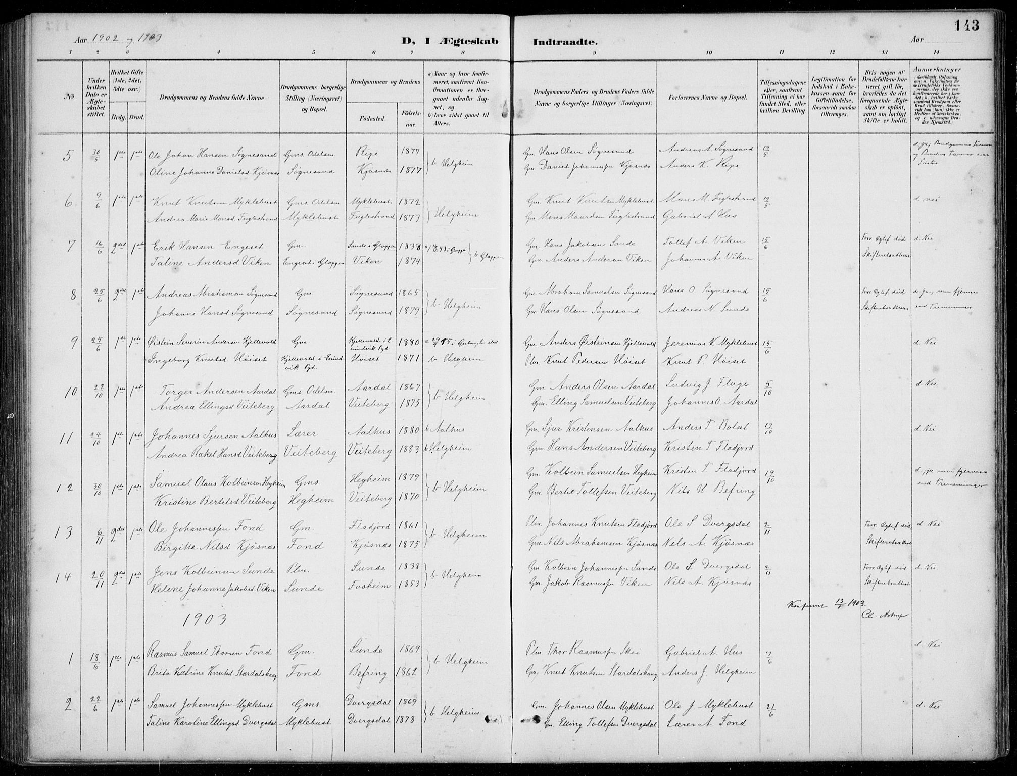 Jølster sokneprestembete, SAB/A-80701/H/Hab/Habb/L0002: Parish register (copy) no. B 2, 1887-1920, p. 143