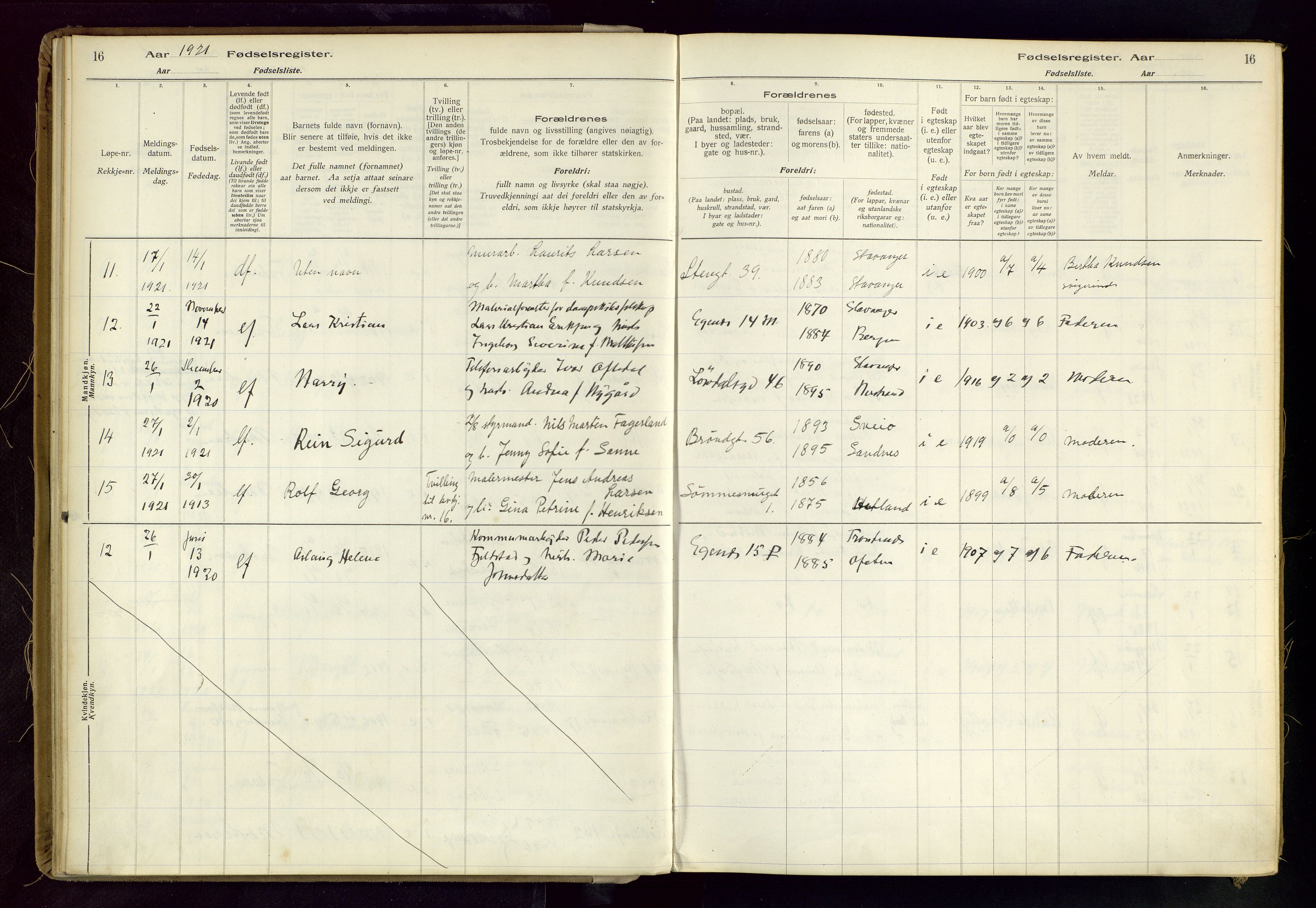 Domkirken sokneprestkontor, AV/SAST-A-101812/002/B/L0002: Birth register no. 2, 1920-1925, p. 16