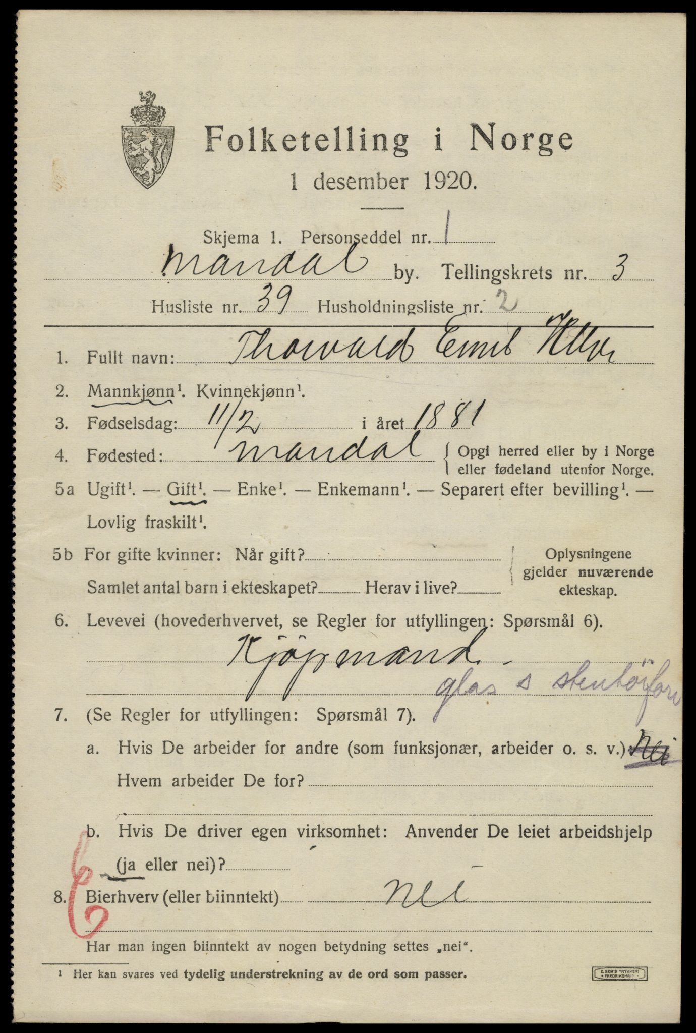 SAK, 1920 census for Mandal, 1920, p. 5847