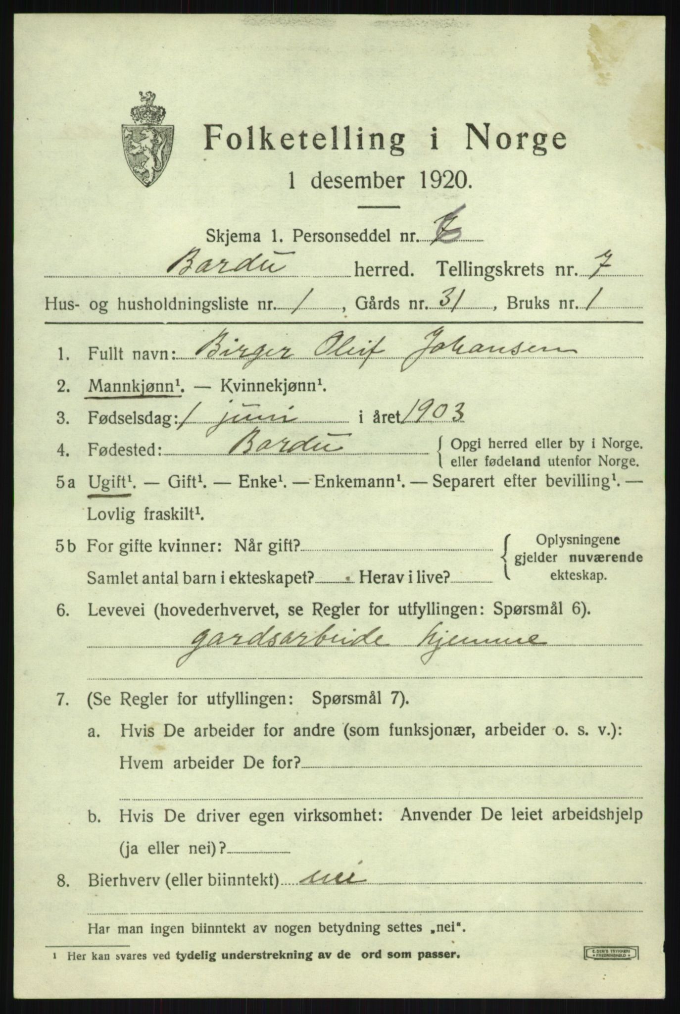 SATØ, 1920 census for Bardu, 1920, p. 2735