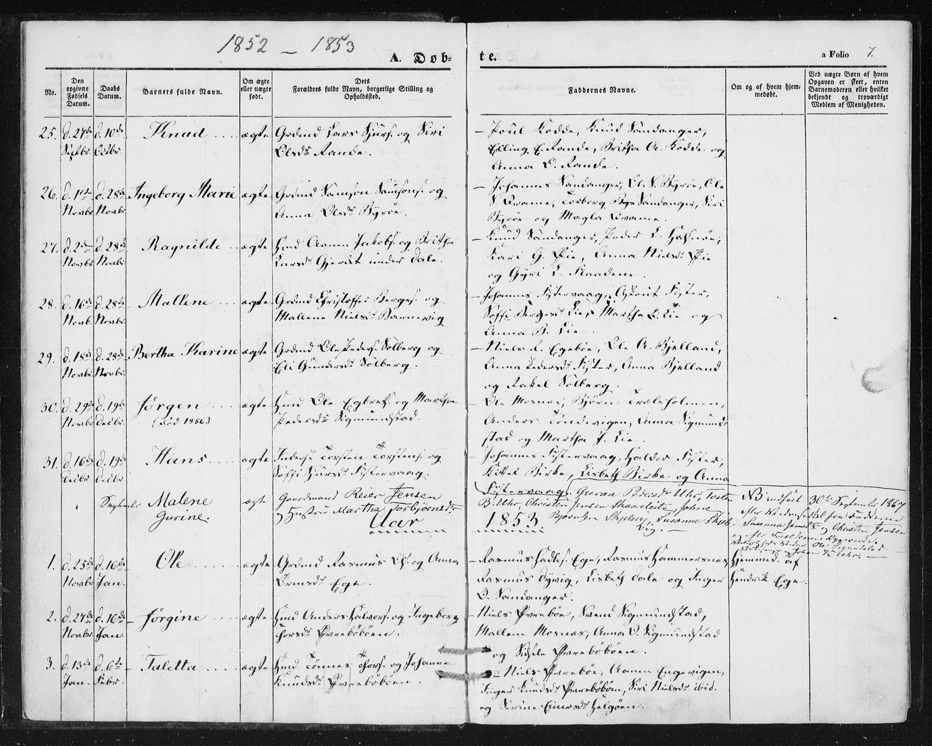 Hjelmeland sokneprestkontor, SAST/A-101843/01/IV/L0010: Parish register (official) no. A 10, 1851-1871, p. 7