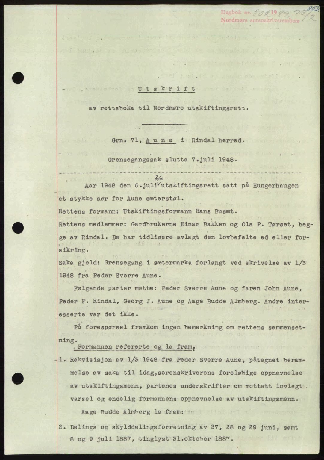 Nordmøre sorenskriveri, AV/SAT-A-4132/1/2/2Ca: Mortgage book no. A110, 1948-1949, Diary no: : 502/1949