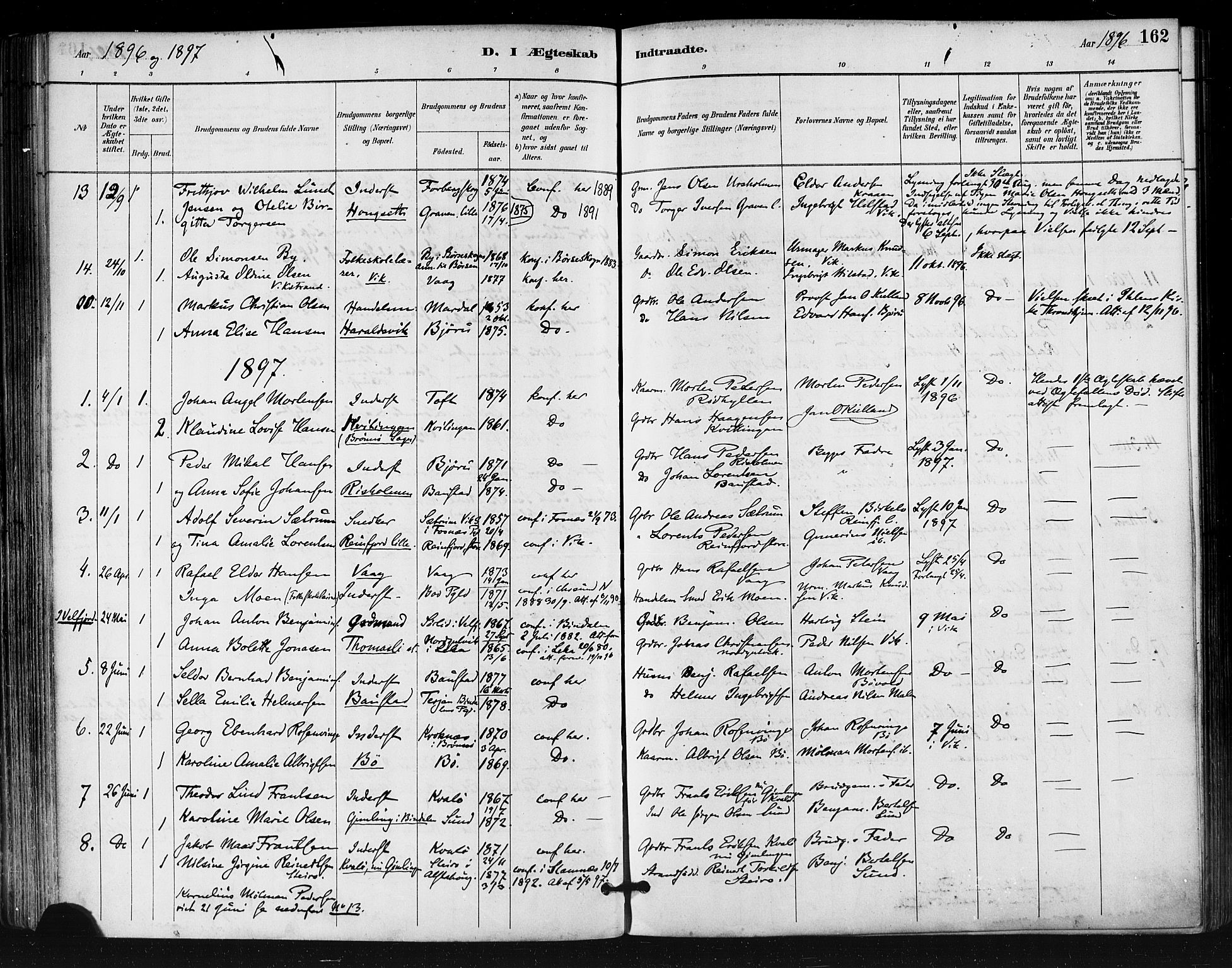 Ministerialprotokoller, klokkerbøker og fødselsregistre - Nordland, SAT/A-1459/812/L0178: Parish register (official) no. 812A07, 1886-1900, p. 162