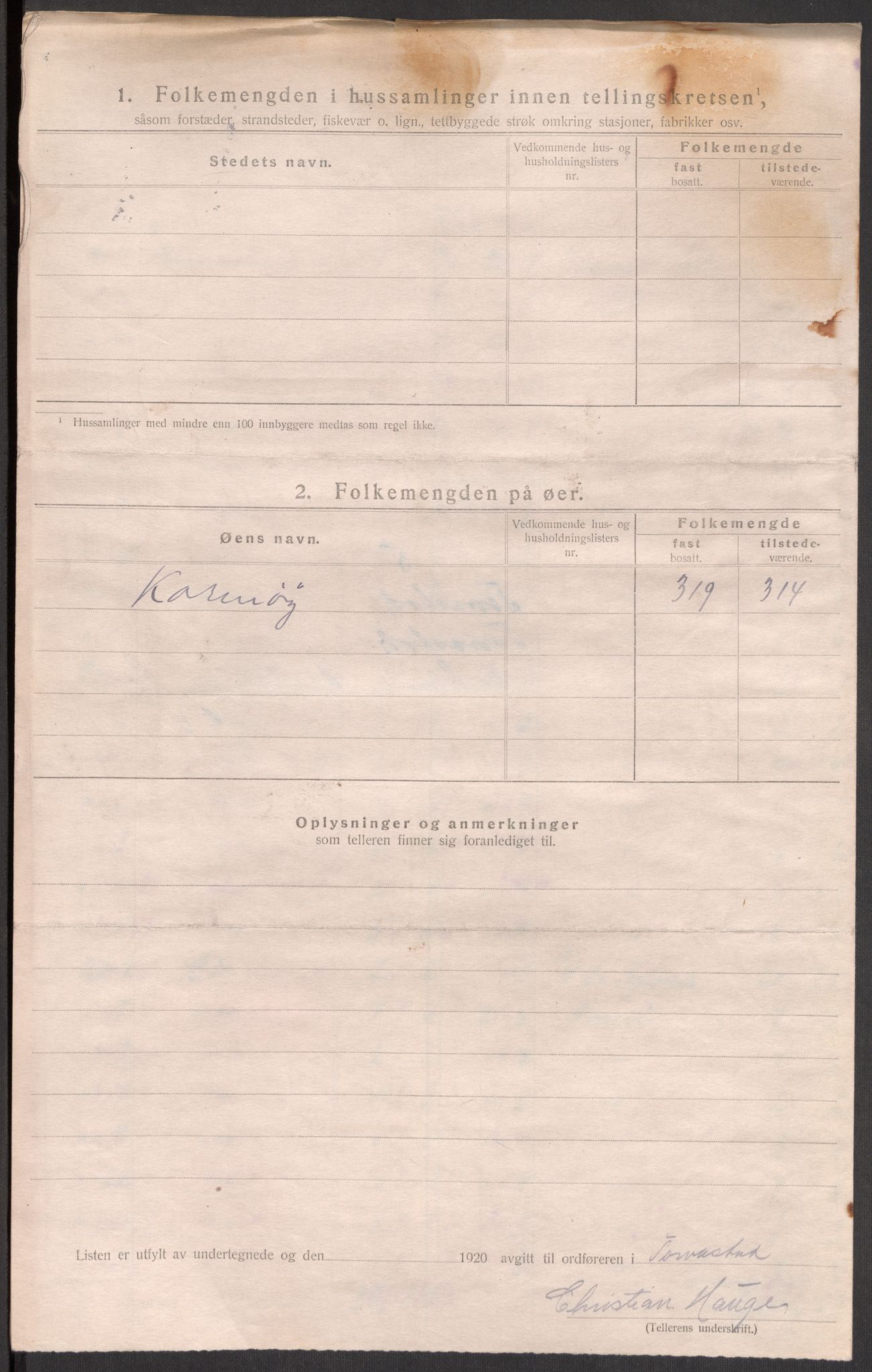 SAST, 1920 census for Torvastad, 1920, p. 20