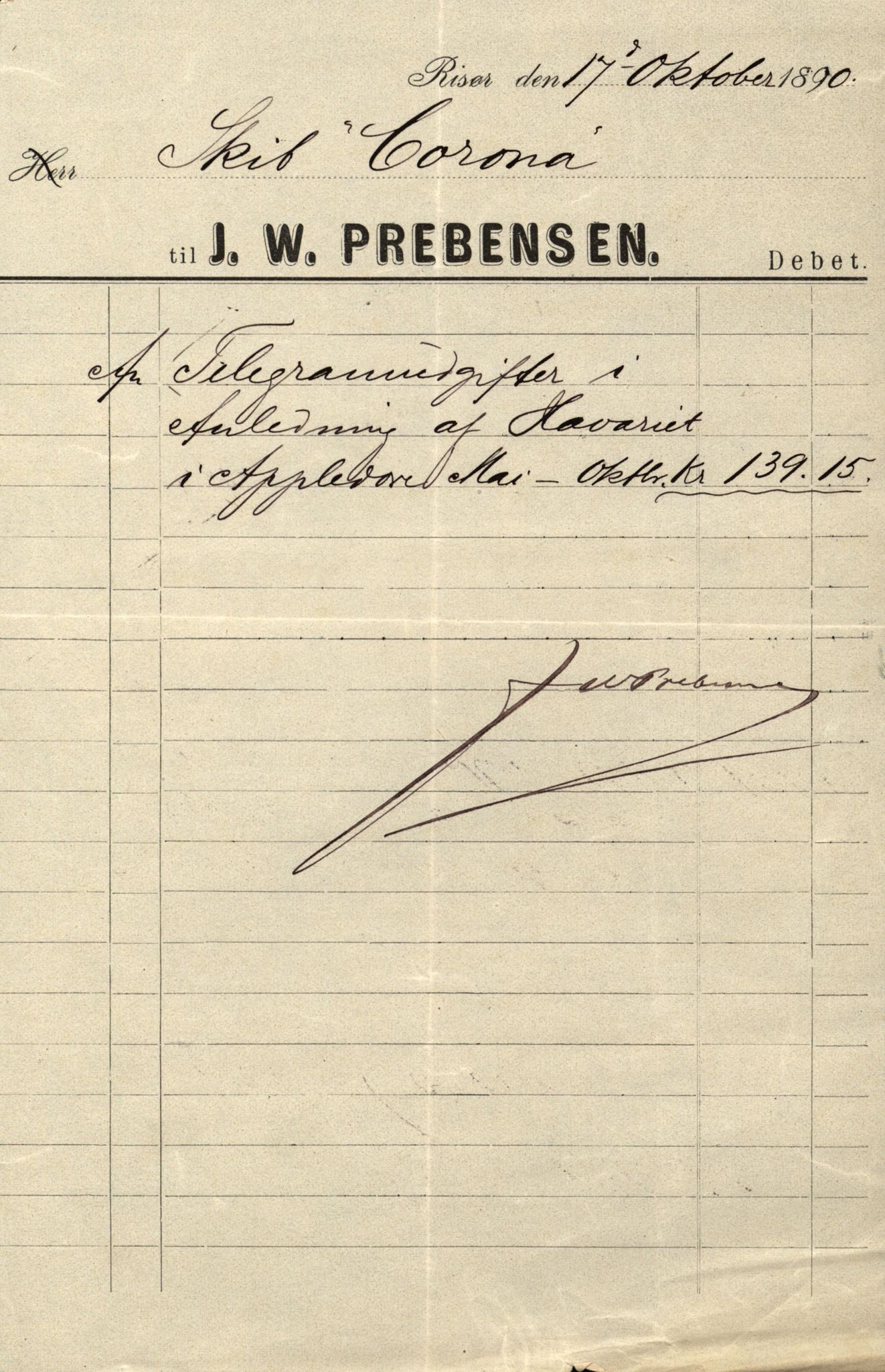 Pa 63 - Østlandske skibsassuranceforening, VEMU/A-1079/G/Ga/L0025/0003: Havaridokumenter / Josephine, Carl, Johanna, Castro, Comorin, Corona, 1890, p. 134