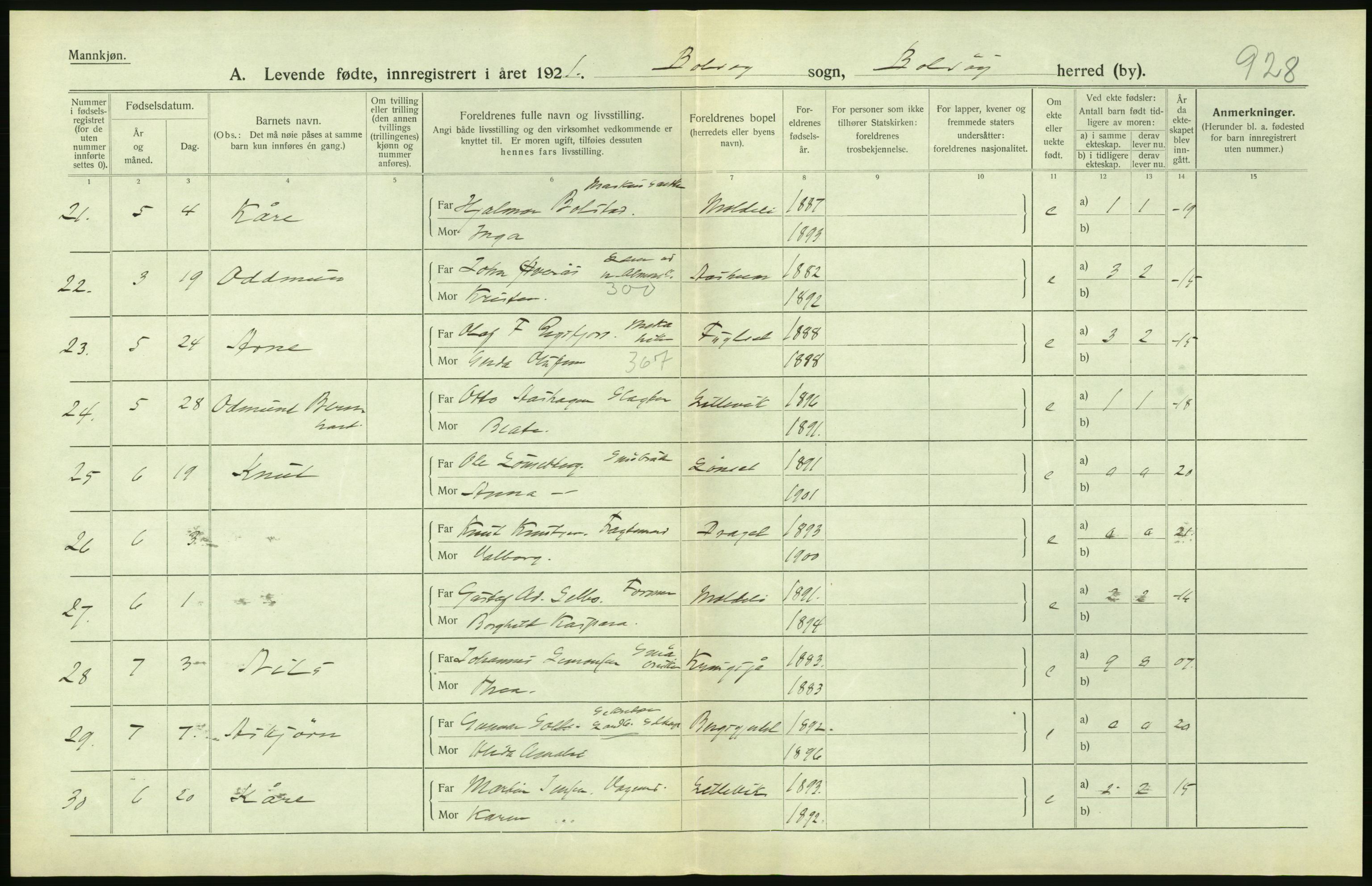 Statistisk sentralbyrå, Sosiodemografiske emner, Befolkning, AV/RA-S-2228/D/Df/Dfc/Dfca/L0040: Møre fylke: Levendefødte menn og kvinner. Bygder., 1921, p. 382