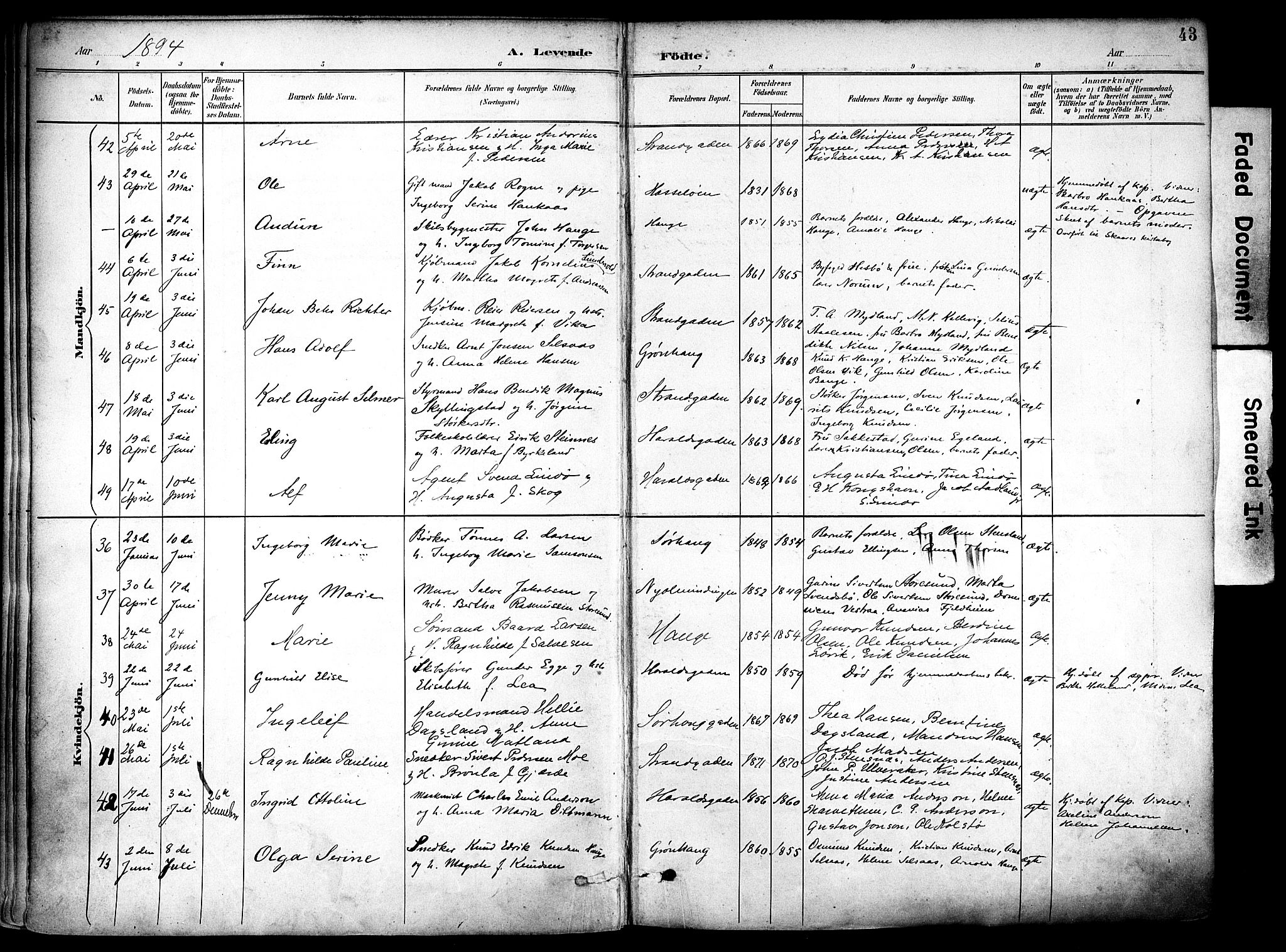 Haugesund sokneprestkontor, AV/SAST-A -101863/H/Ha/Haa/L0006: Parish register (official) no. A 6, 1891-1907, p. 43