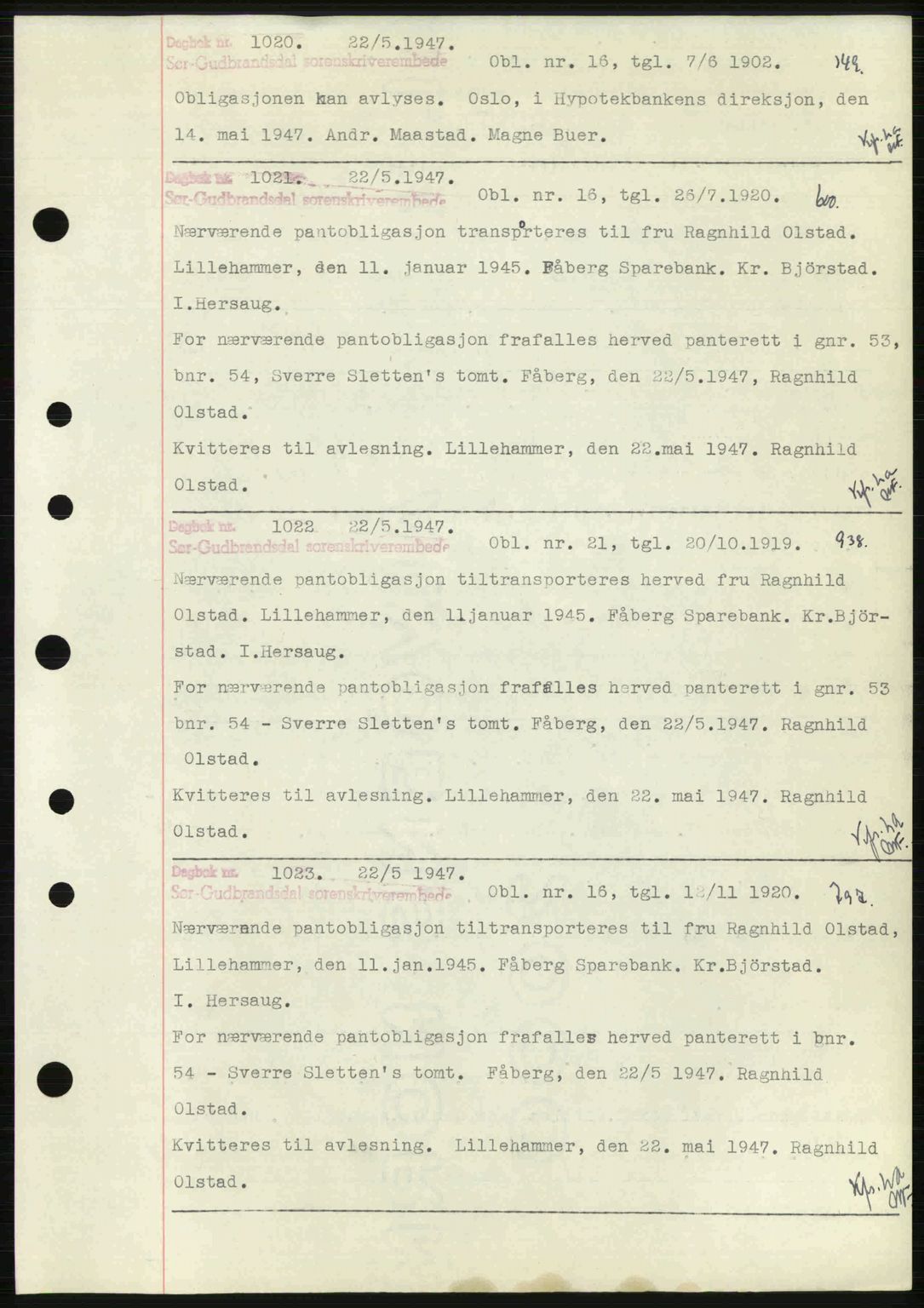 Sør-Gudbrandsdal tingrett, SAH/TING-004/H/Hb/Hbf/L0002: Mortgage book no. C1, 1938-1951, Diary no: : 1020/1947