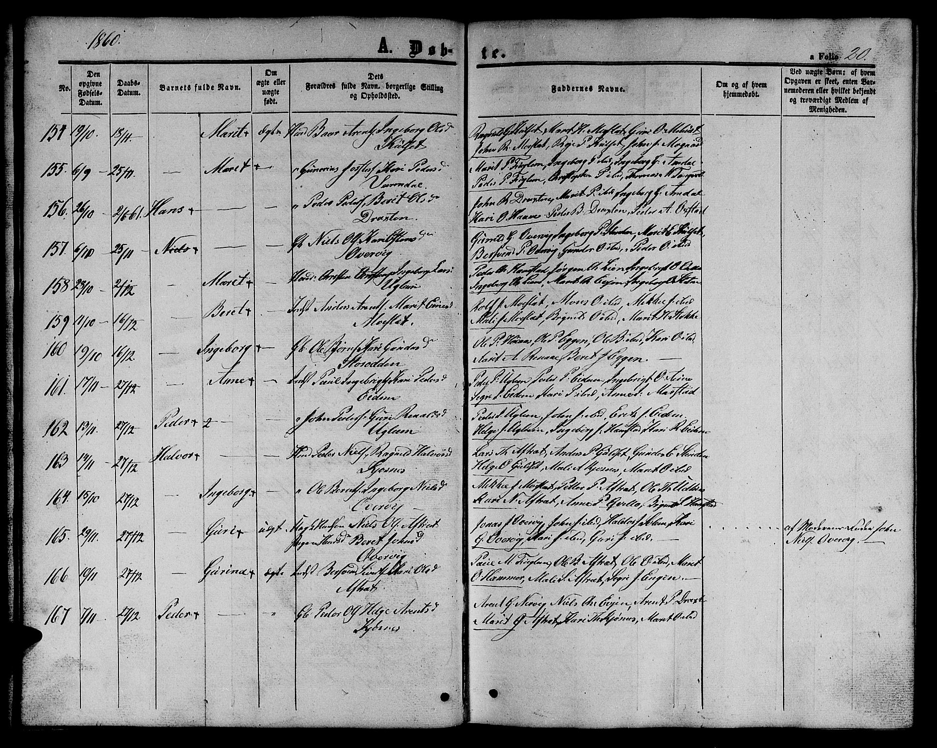 Ministerialprotokoller, klokkerbøker og fødselsregistre - Sør-Trøndelag, SAT/A-1456/695/L1155: Parish register (copy) no. 695C06, 1859-1868, p. 20