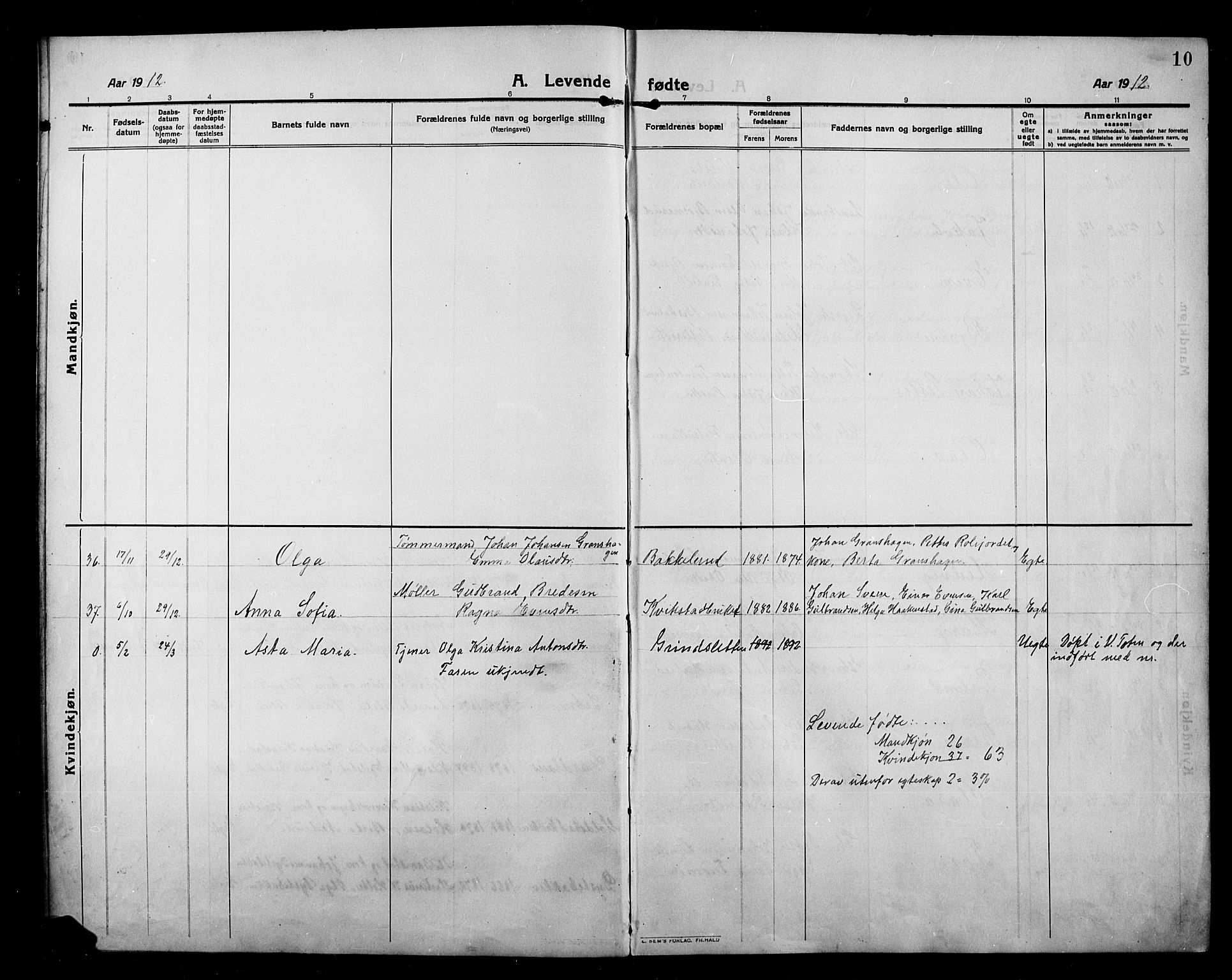 Kolbu prestekontor, SAH/PREST-110/H/Ha/Hab/L0001: Parish register (copy) no. 1, 1912-1925, p. 10