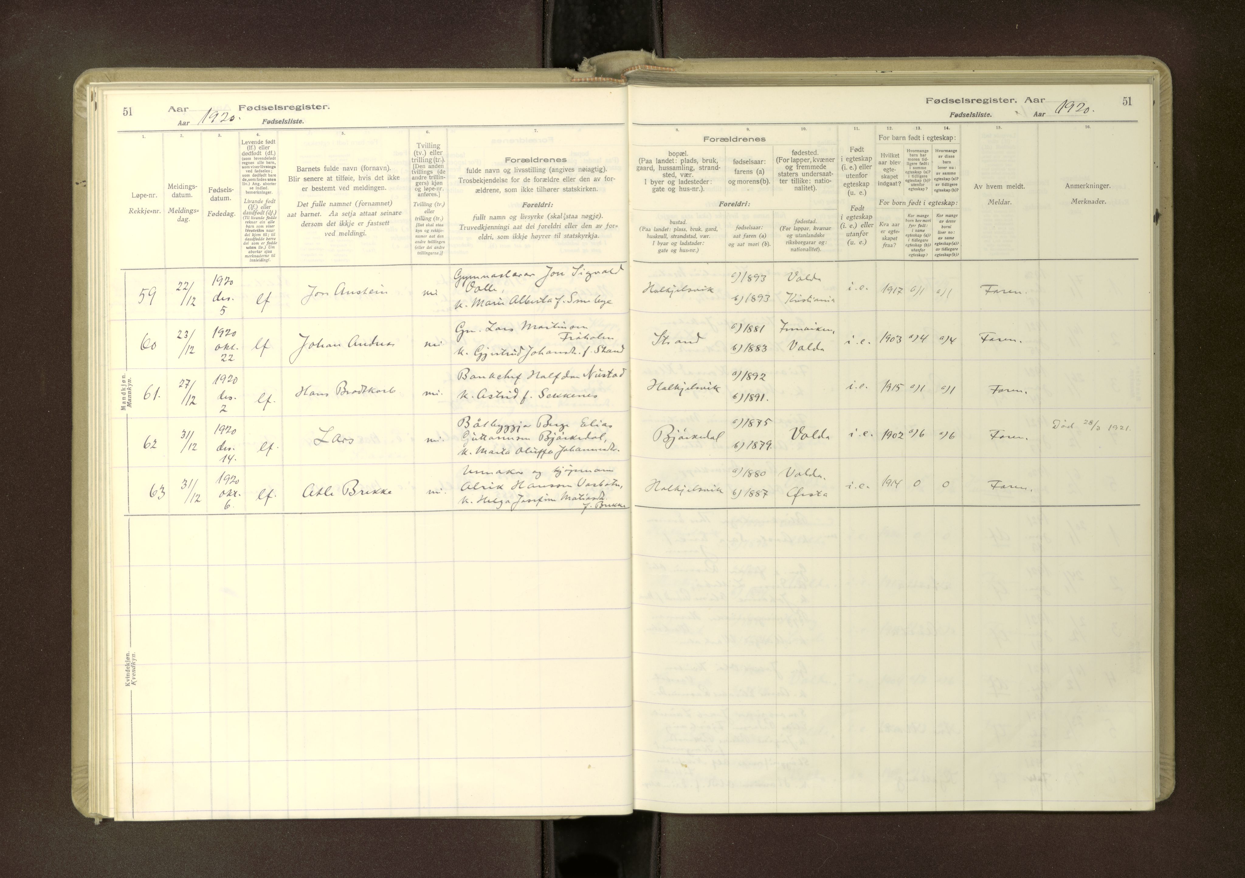 Ministerialprotokoller, klokkerbøker og fødselsregistre - Møre og Romsdal, SAT/A-1454/511/L0165: Birth register no. 511---, 1916-1937, p. 51