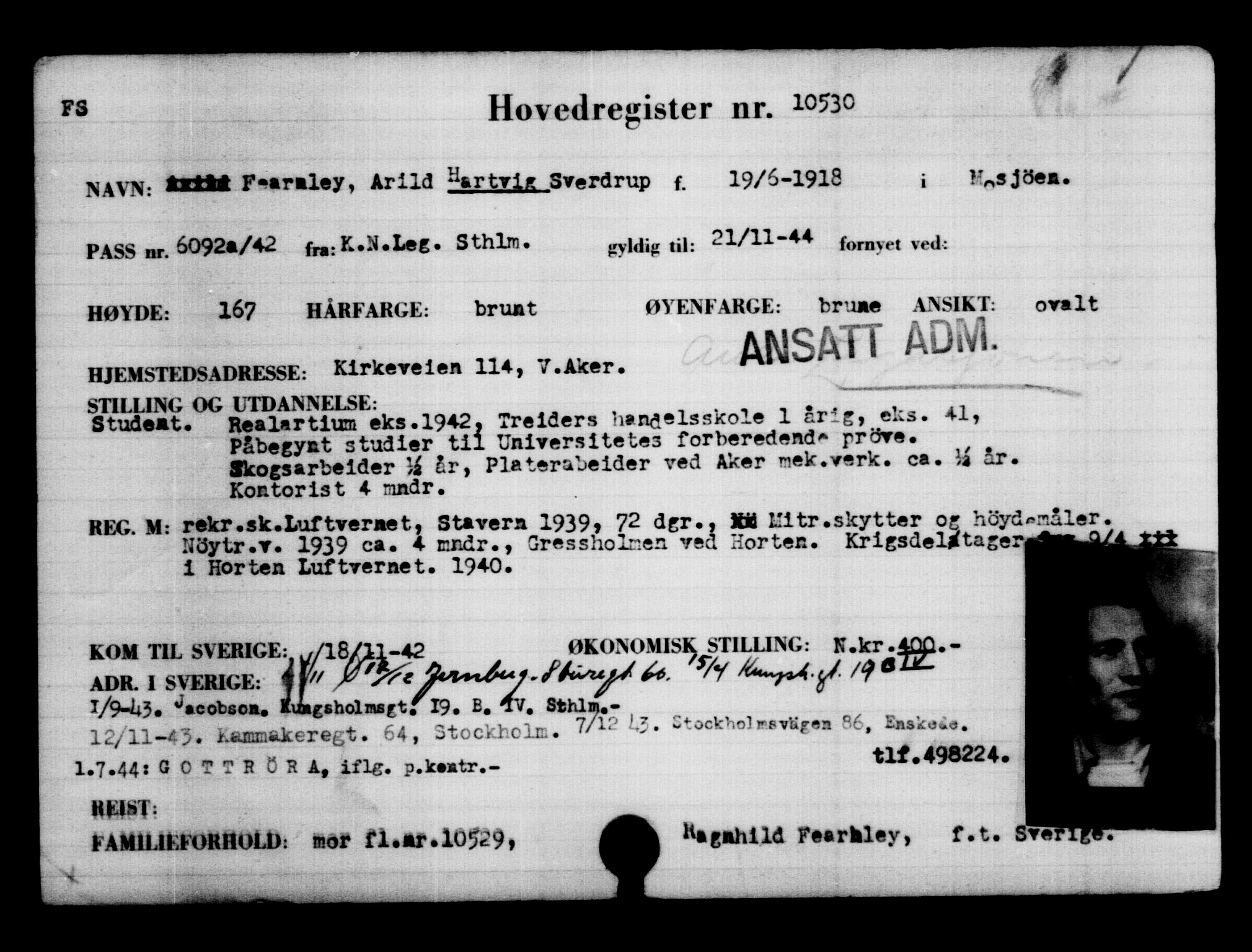 Utenriksstasjonene, Legasjonen i Stockholm, Flyktningkontoret, AV/RA-S-6753/V/Va/L0006: Kjesäterkartoteket, flyktninger med registreringsnr. 9400-12711, 1940-1945, p. 1304