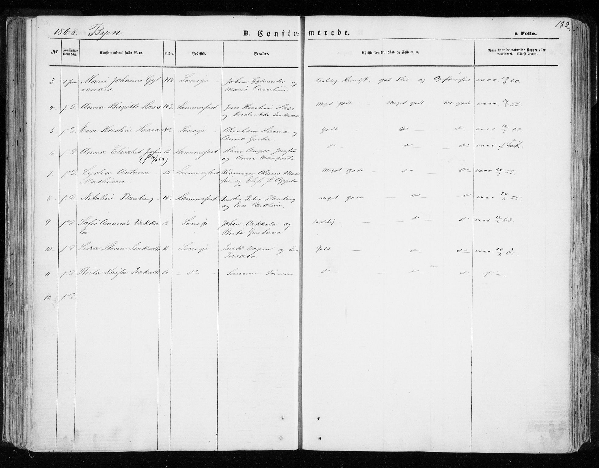 Hammerfest sokneprestkontor, AV/SATØ-S-1347/H/Ha/L0005.kirke: Parish register (official) no. 5, 1857-1869, p. 182