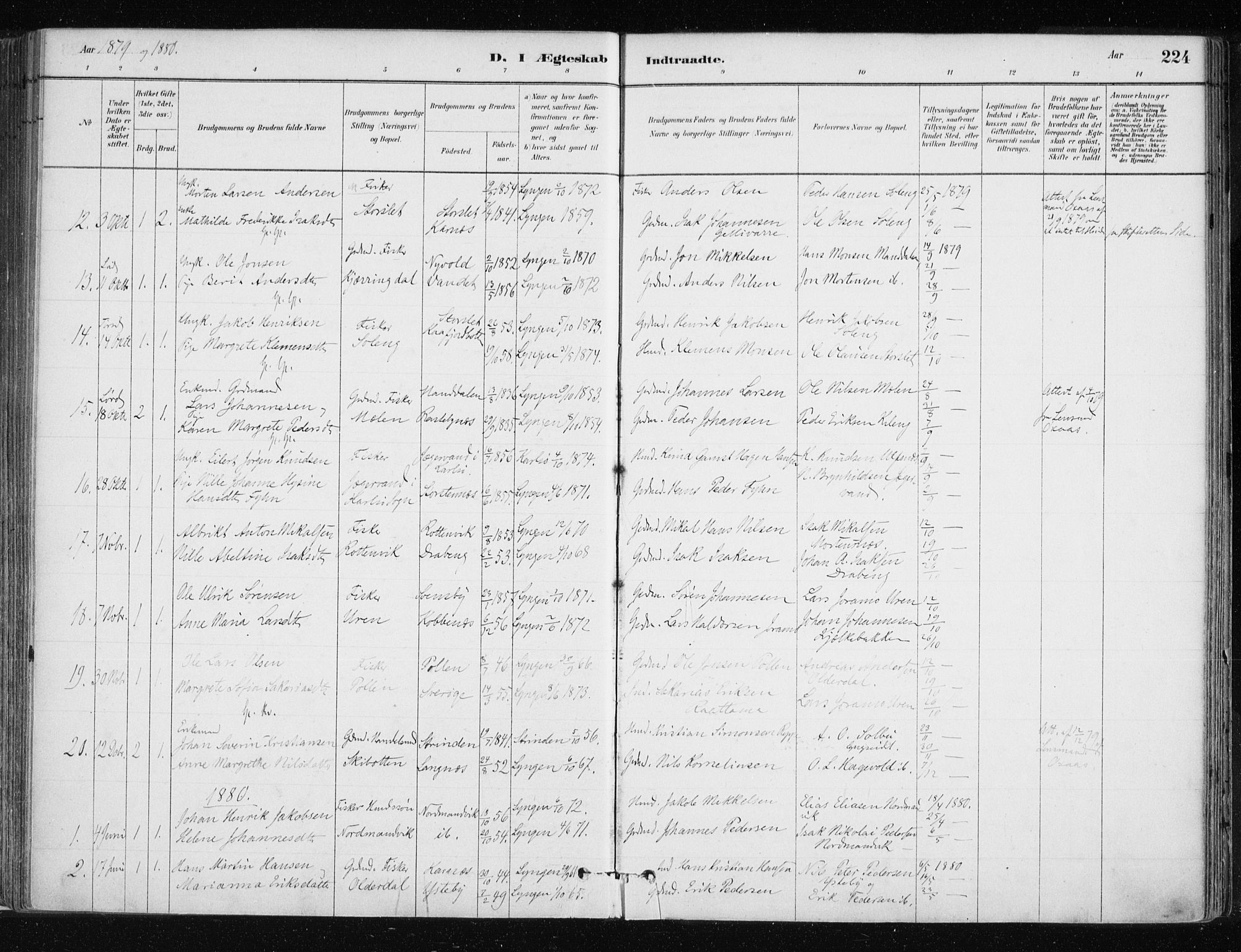 Lyngen sokneprestembete, SATØ/S-1289/H/He/Hea/L0007kirke: Parish register (official) no. 7, 1879-1890, p. 224