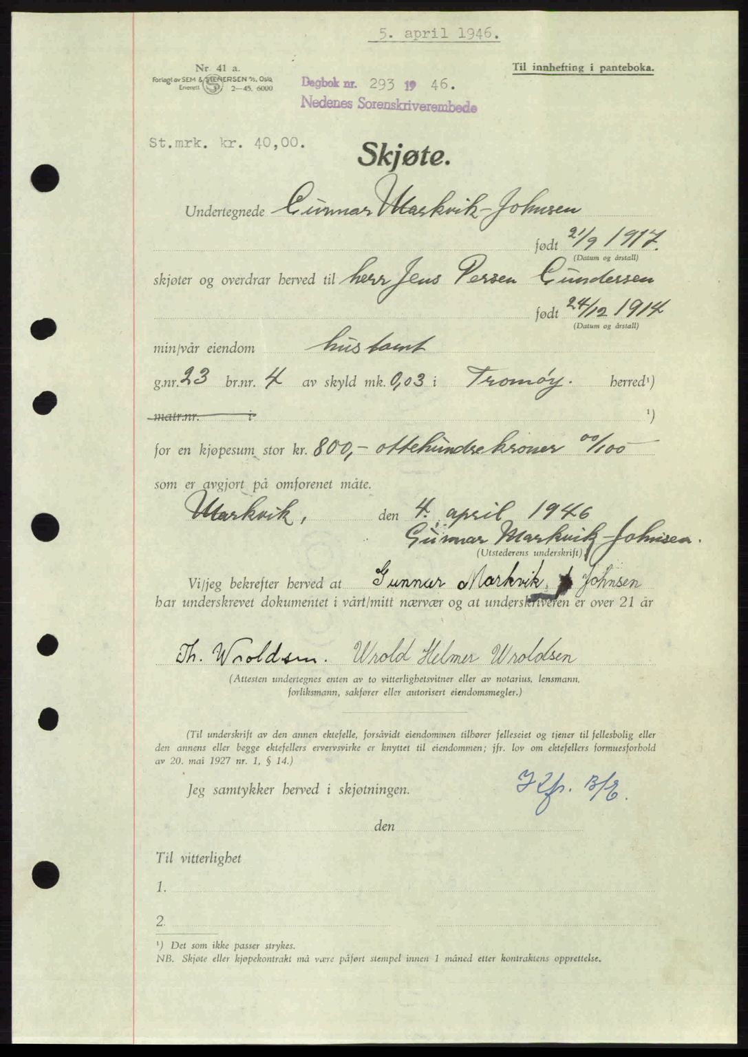 Nedenes sorenskriveri, AV/SAK-1221-0006/G/Gb/Gba/L0054: Mortgage book no. A6c, 1946-1946, Diary no: : 293/1946