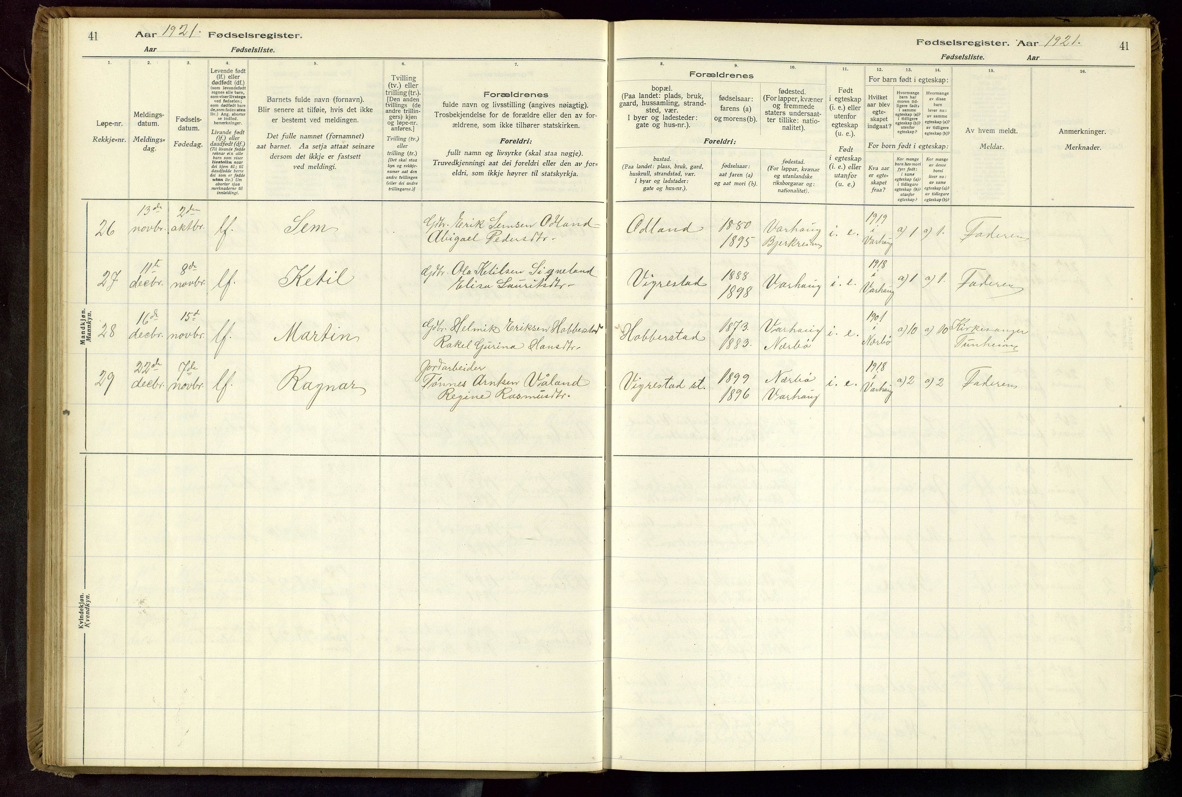 Hå sokneprestkontor, SAST/A-101801/001/704BA/L0001: Birth register no. 1, 1916-1944, p. 41