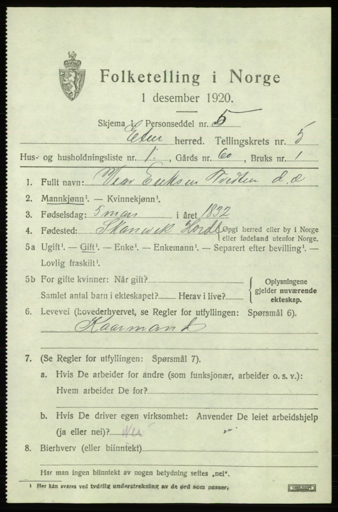 SAB, 1920 census for Etne, 1920, p. 2393