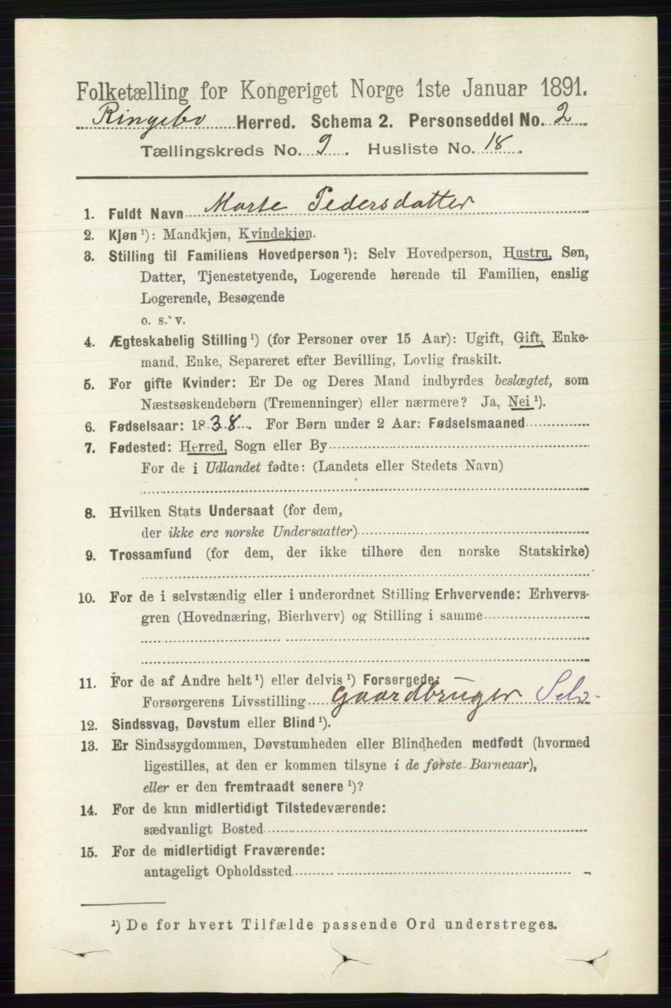 RA, 1891 census for 0520 Ringebu, 1891, p. 4354