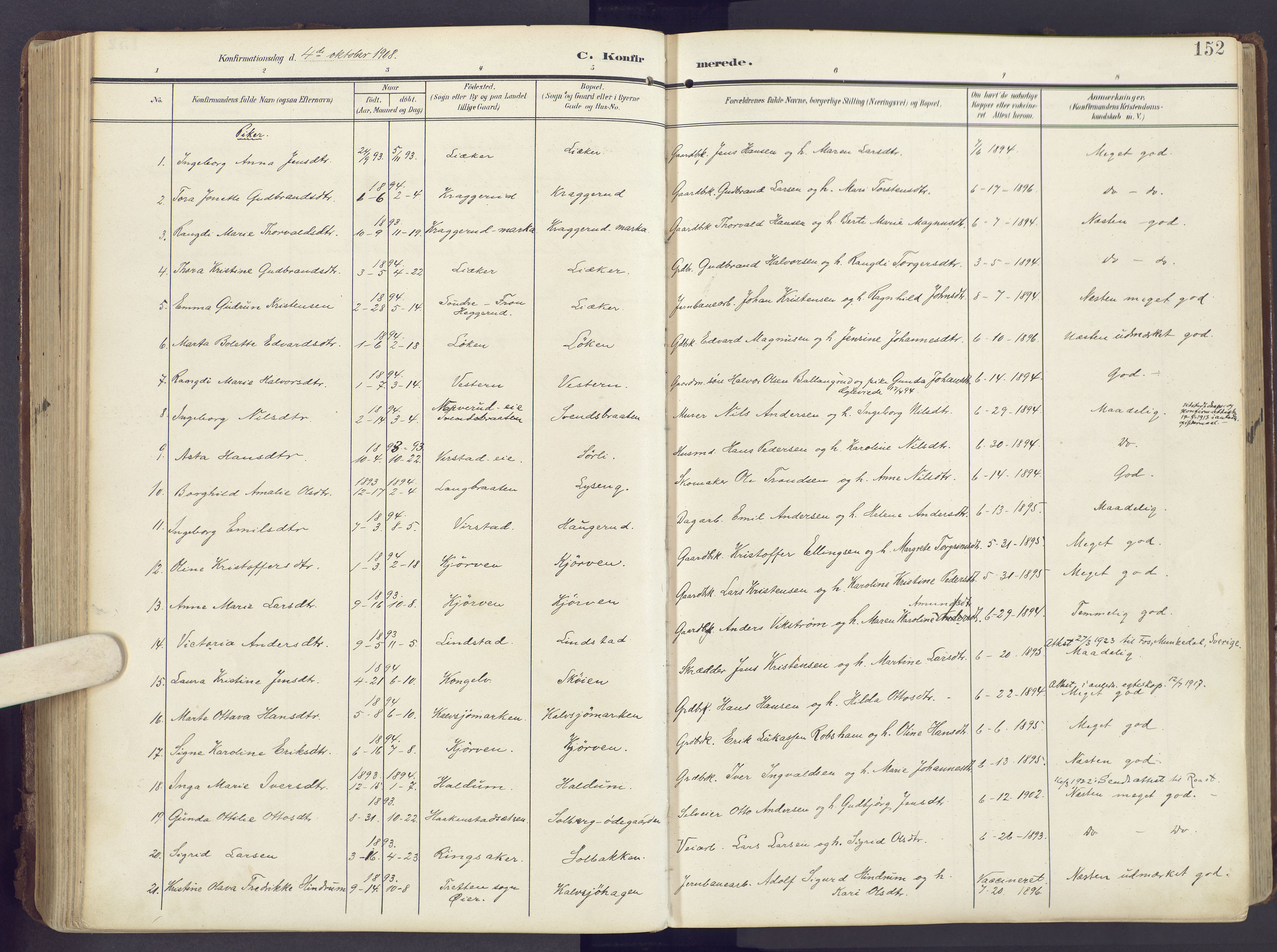 Lunner prestekontor, AV/SAH-PREST-118/H/Ha/Haa/L0001: Parish register (official) no. 1, 1907-1922, p. 152