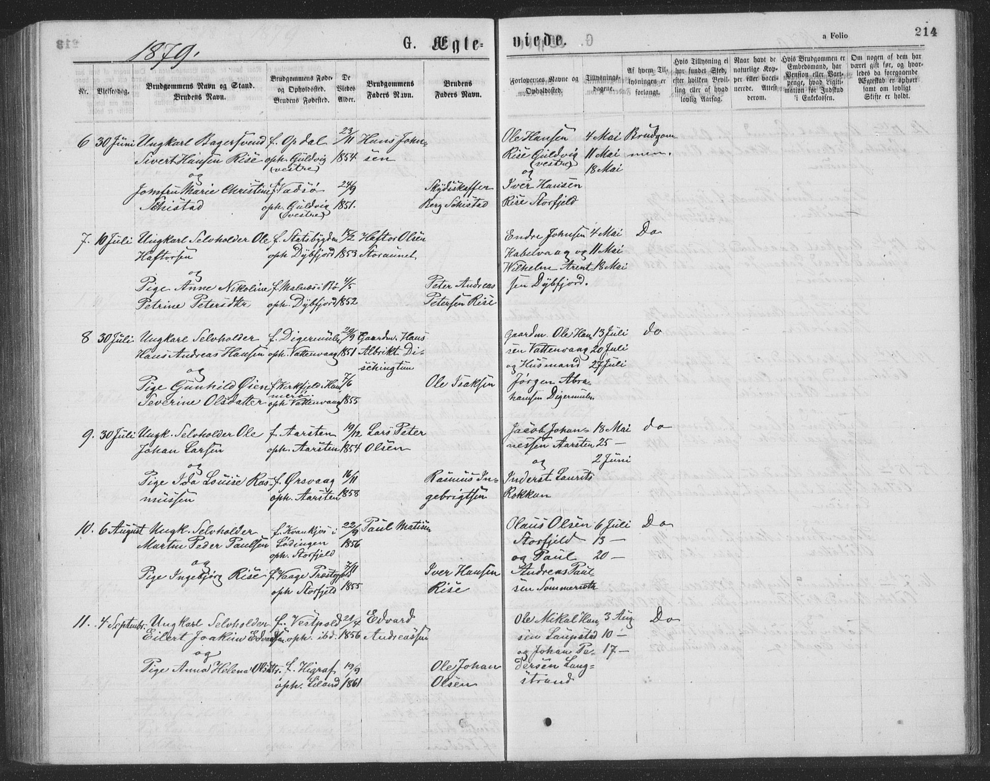 Ministerialprotokoller, klokkerbøker og fødselsregistre - Nordland, AV/SAT-A-1459/874/L1075: Parish register (copy) no. 874C04, 1876-1883, p. 214