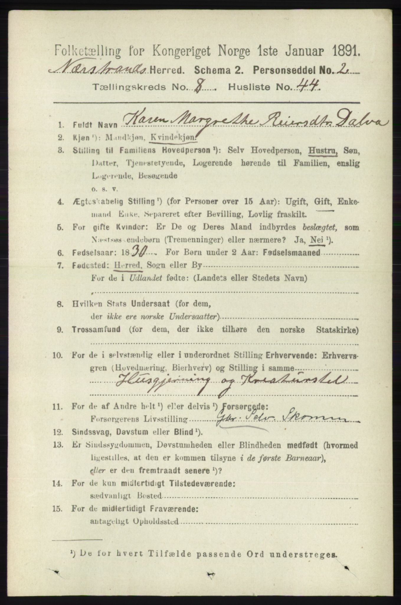 RA, 1891 census for 1139 Nedstrand, 1891, p. 1612