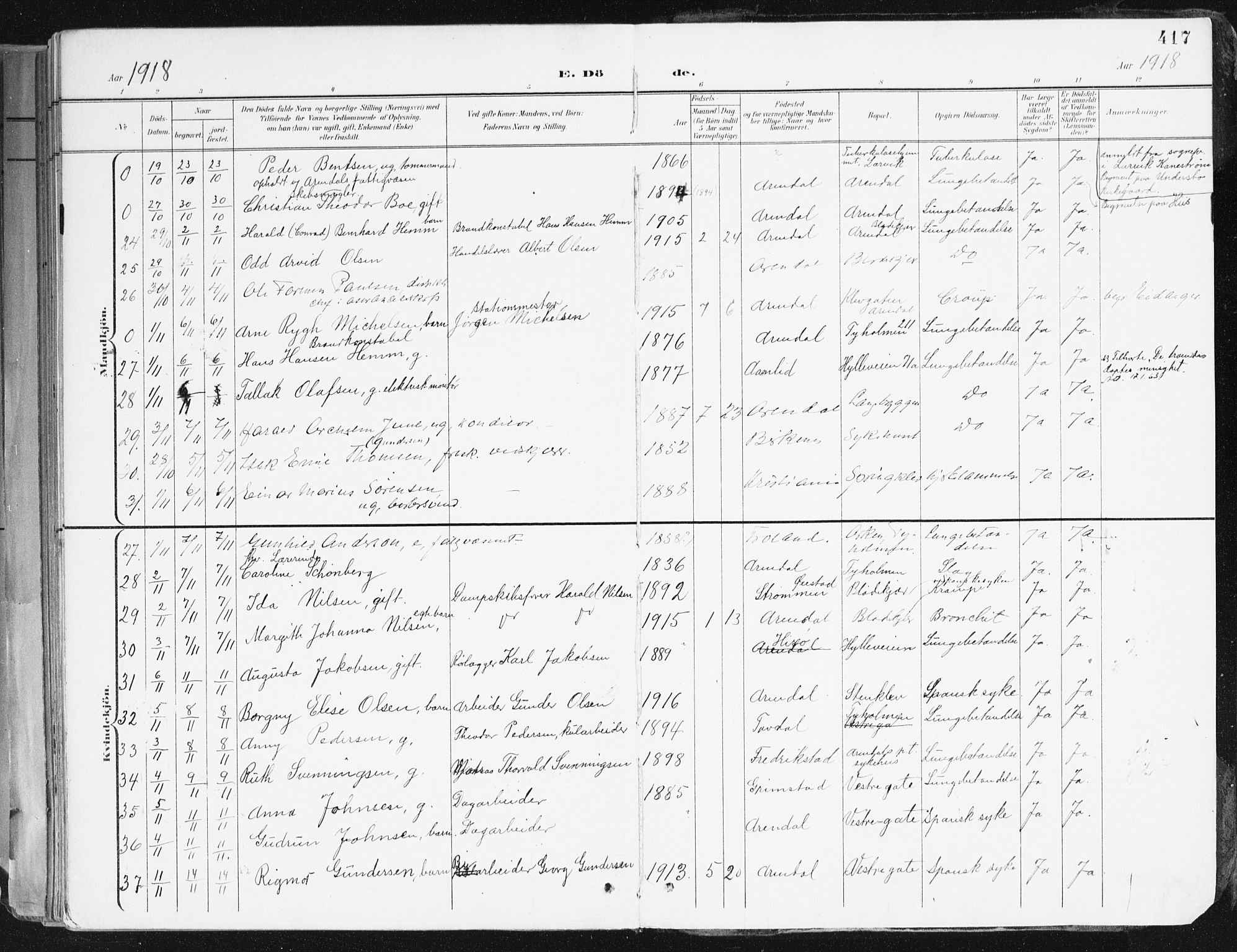 Arendal sokneprestkontor, Trefoldighet, SAK/1111-0040/F/Fa/L0010: Parish register (official) no. A 10, 1900-1919, p. 417