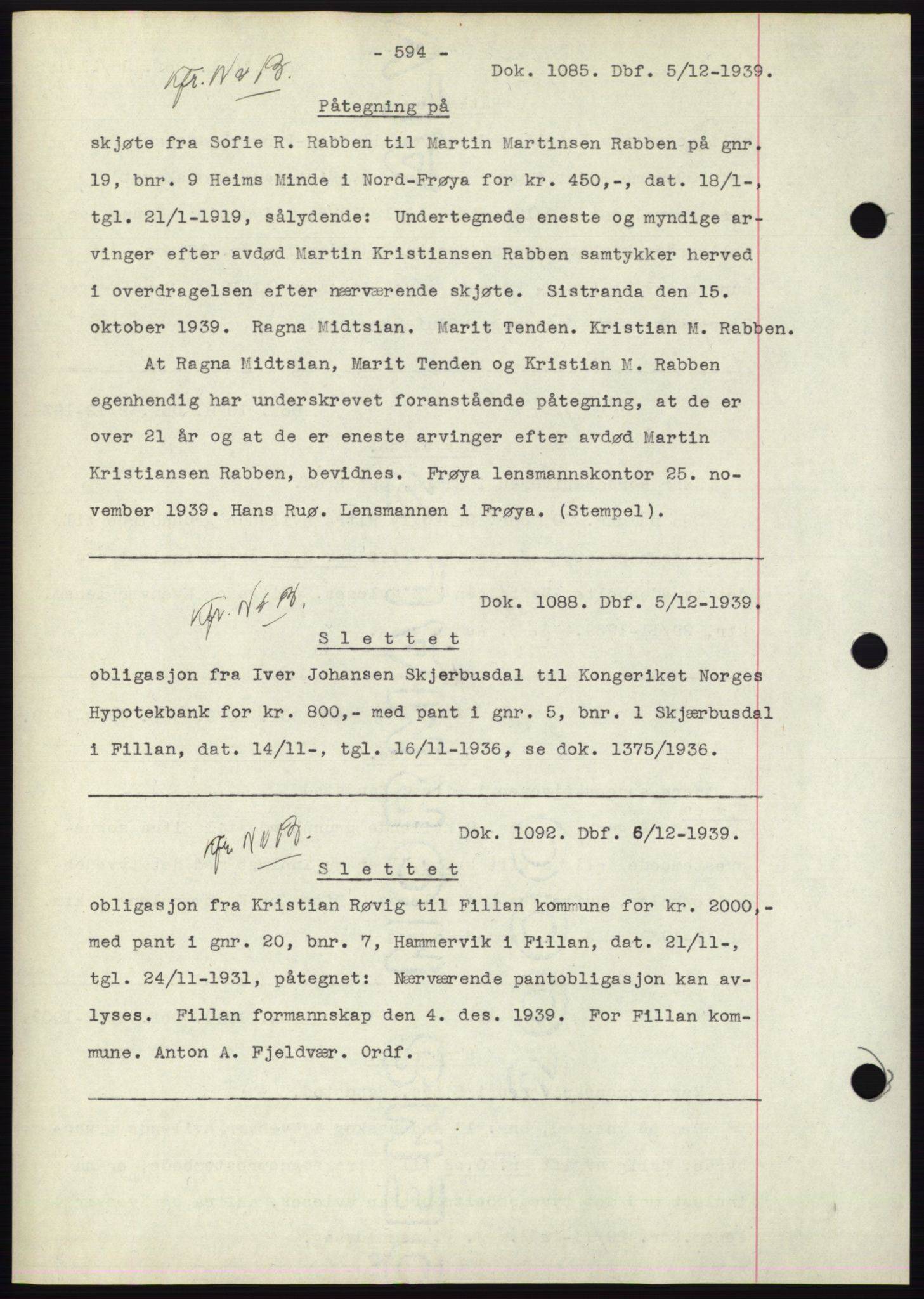 Hitra sorenskriveri, AV/SAT-A-0018/2/2C/2Ca: Mortgage book no. C1, 1936-1945, Diary no: : 1085/1939