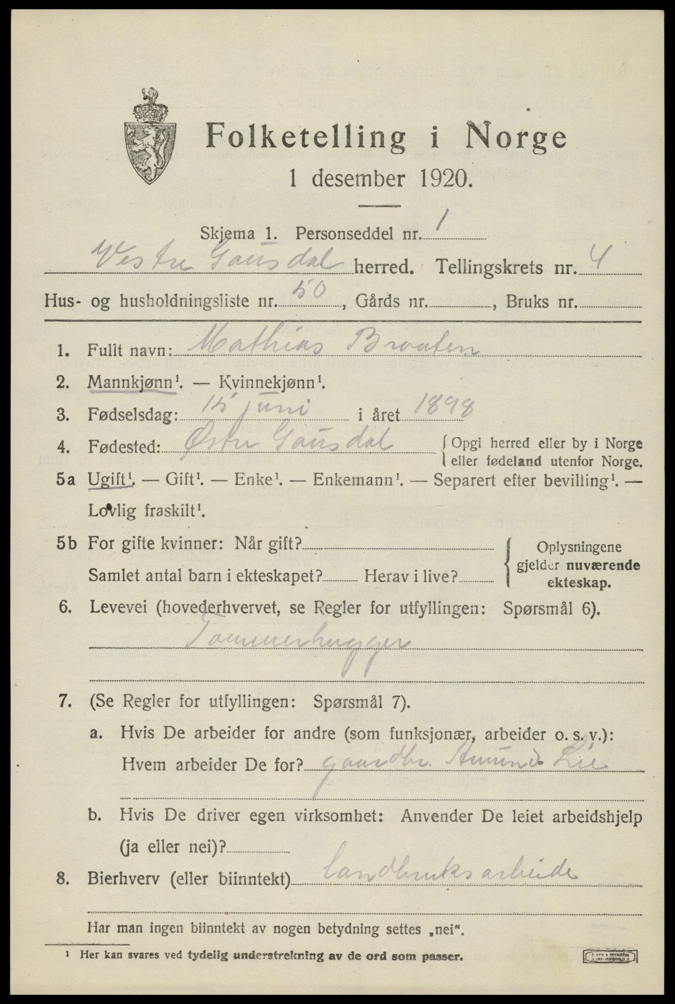 SAH, 1920 census for Vestre Gausdal, 1920, p. 3691