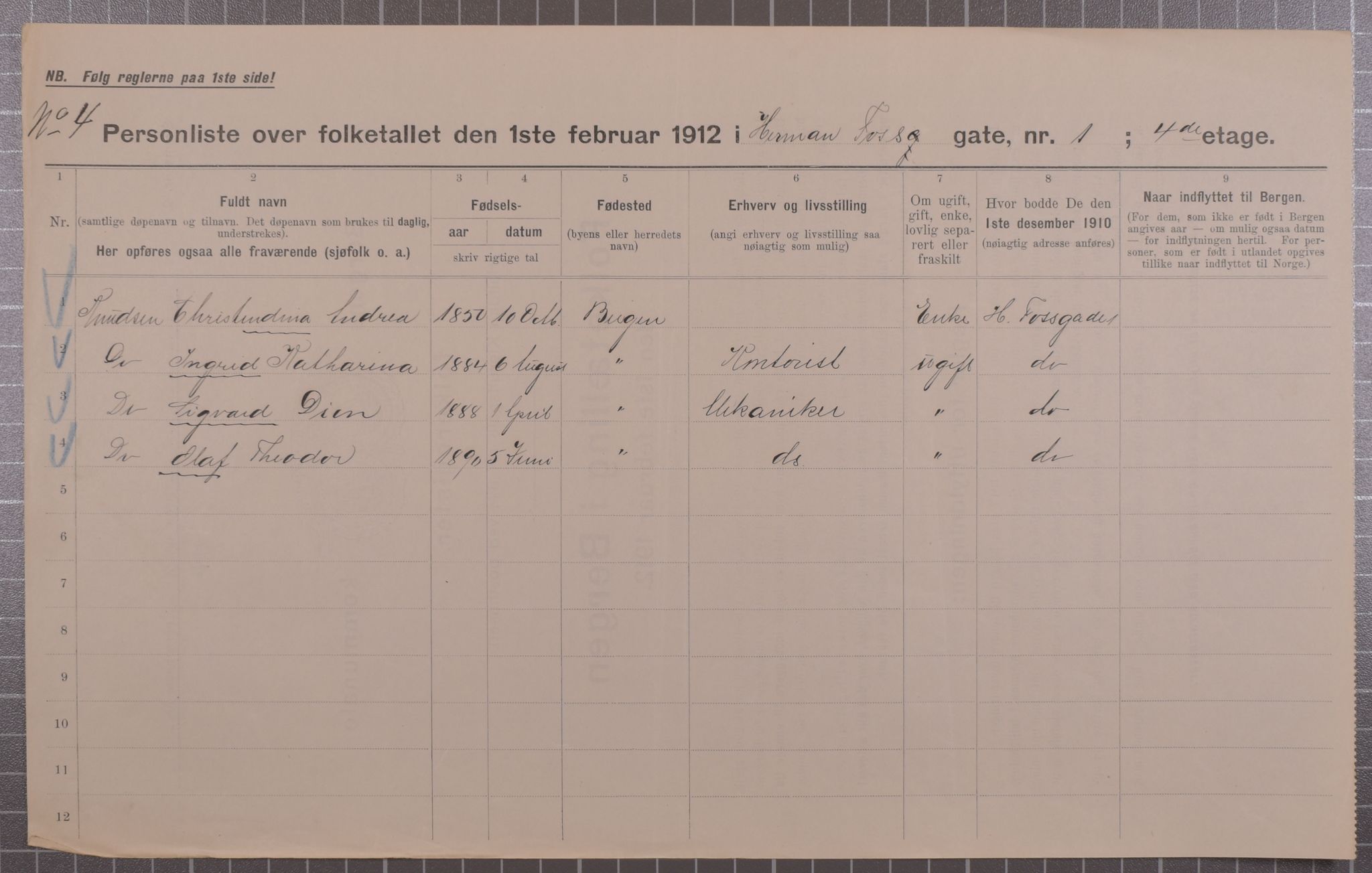 SAB, Municipal Census 1912 for Bergen, 1912, p. 2909