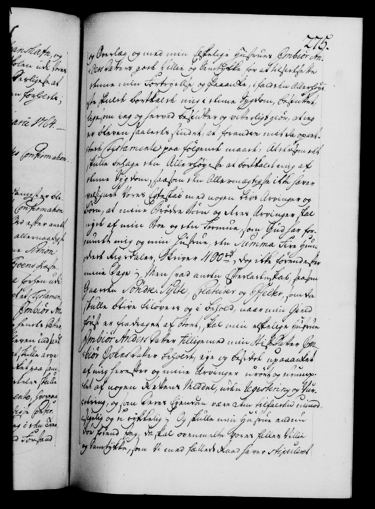 Danske Kanselli 1572-1799, AV/RA-EA-3023/F/Fc/Fca/Fcaa/L0042: Norske registre, 1763-1766, p. 275a