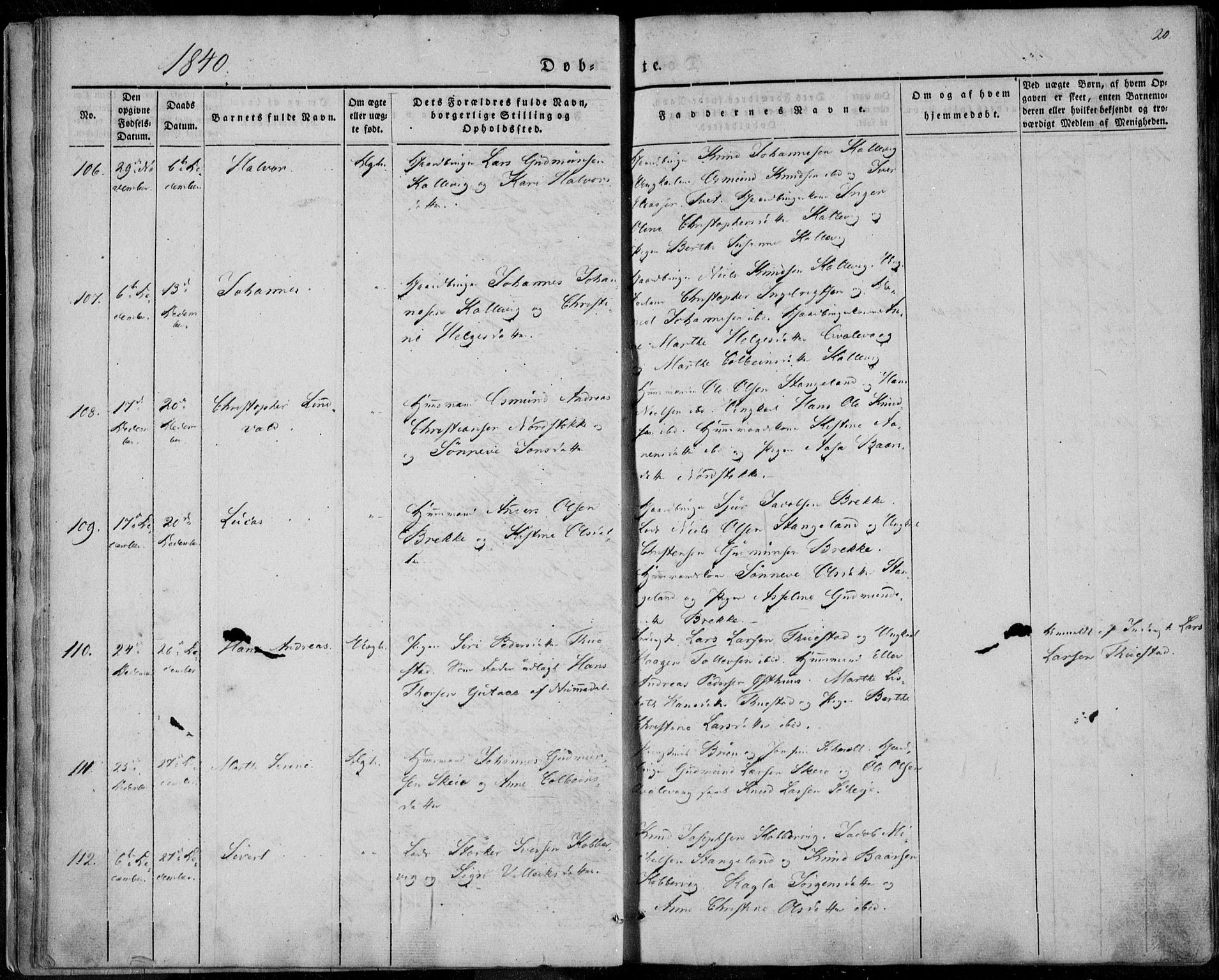 Avaldsnes sokneprestkontor, AV/SAST-A -101851/H/Ha/Haa/L0006: Parish register (official) no. A 6, 1839-1847, p. 20